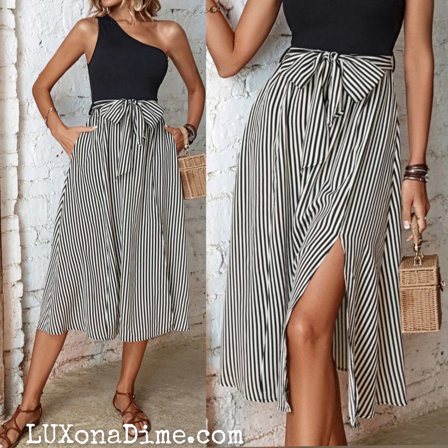 One-Shoulder Two-tone Bow Tie-Waist A-line Stripe Slit Skirt Chic Midi Dress