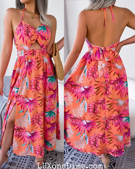 Tropical Keyhole Cutout Sleeveless Maxi Backless Slit Leg Summer Dress
