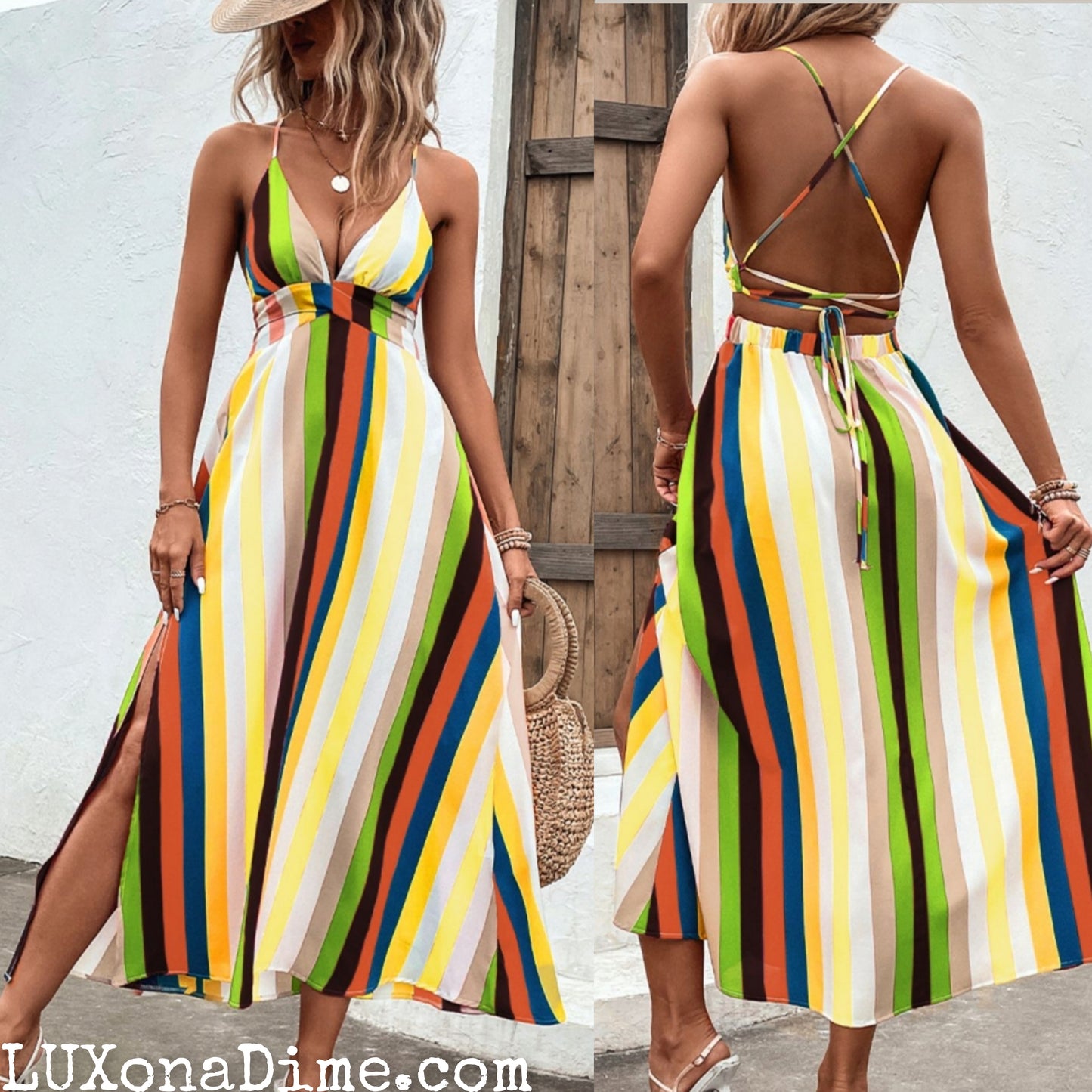 Bright Summer Stripe Backless Cross Tie Split Leg Maxi Dress (Plus Size Available)