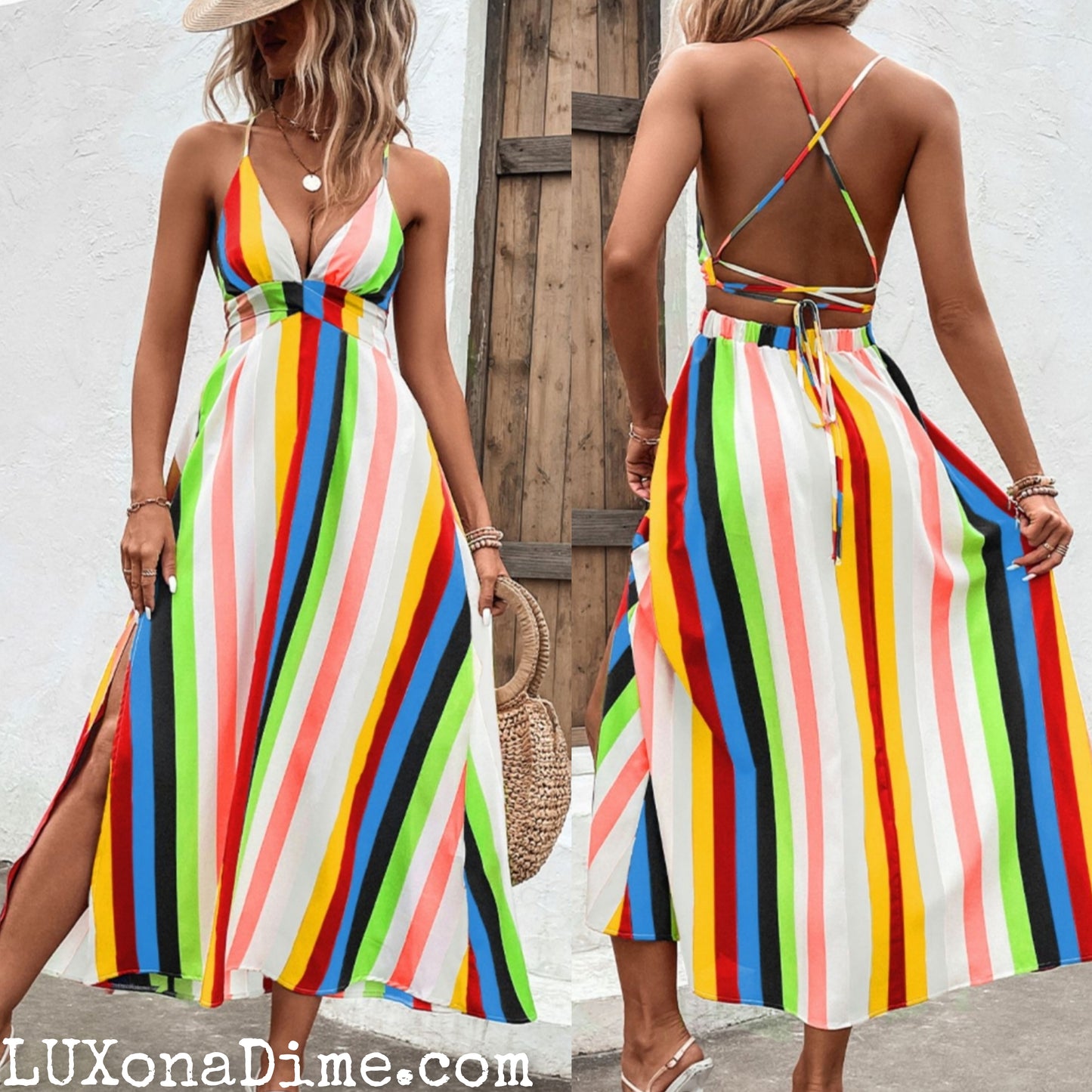 Bright Summer Stripe Backless Cross Tie Split Leg Maxi Dress (Plus Size Available)