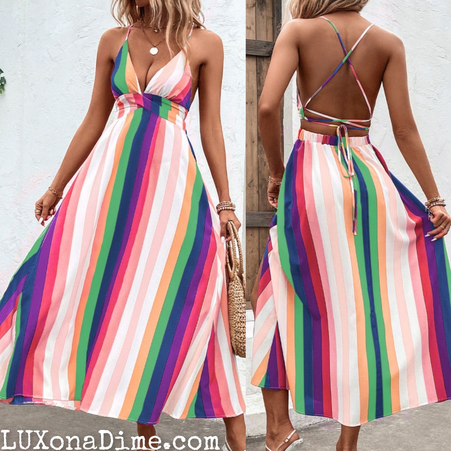 Bright Summer Stripe Backless Cross Tie Split Leg Maxi Dress (Plus Size Available)