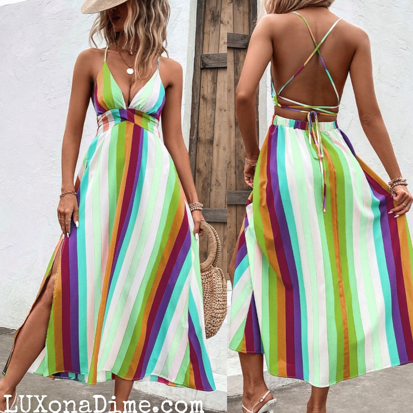 Bright Summer Stripe Backless Cross Tie Split Leg Maxi Dress (Plus Size Available)