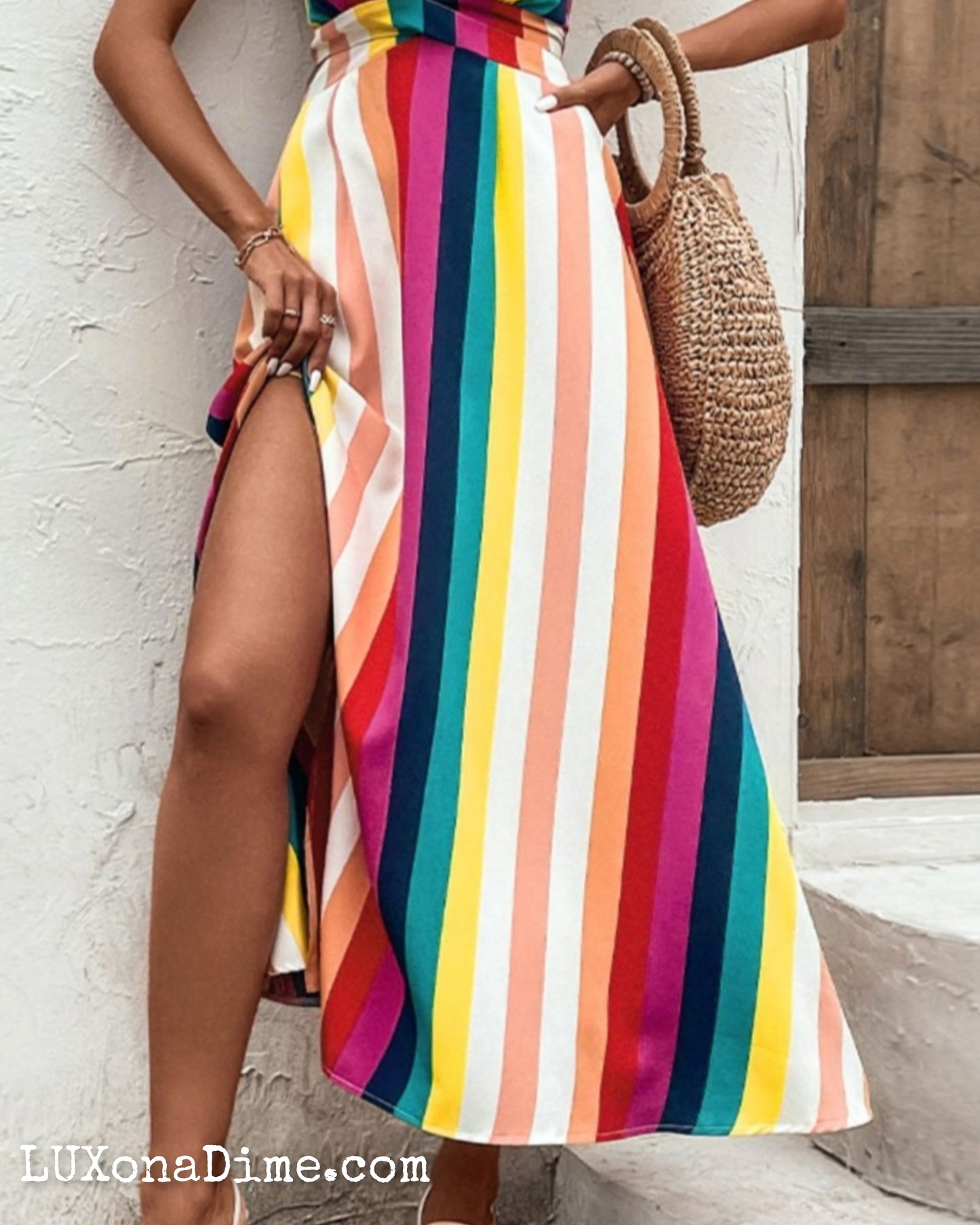 Bright Summer Stripe Backless Cross Tie Split Leg Maxi Dress (Plus Size Available)