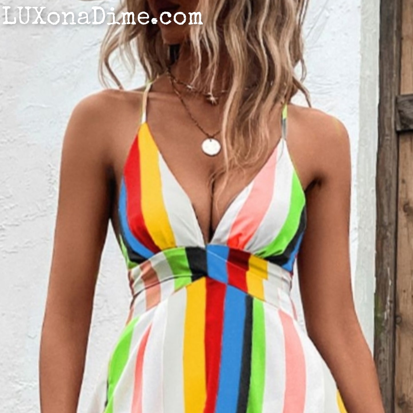 Bright Summer Stripe Backless Cross Tie Split Leg Maxi Dress (Plus Size Available)