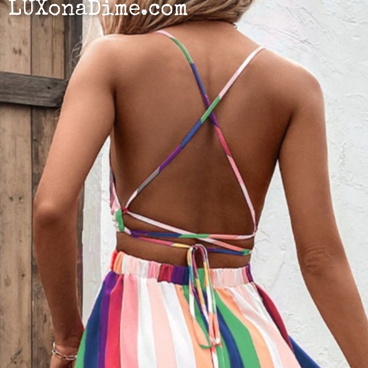 Bright Summer Stripe Backless Cross Tie Split Leg Maxi Dress (Plus Size Available)