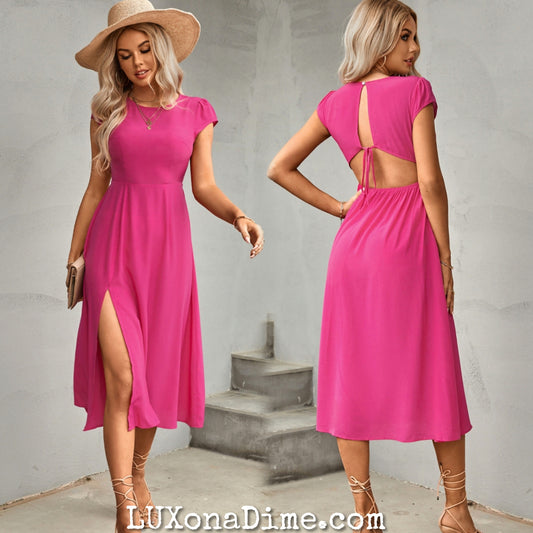 Cutout Open Tie Back High Split Front Leg Hot Pink Knee Length Dress