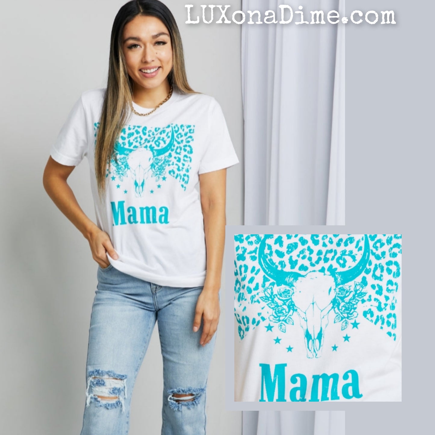 Western MAMA Graphic Teal Bull Horn 100% Cotton Tee Shirt (Plus Size Available)