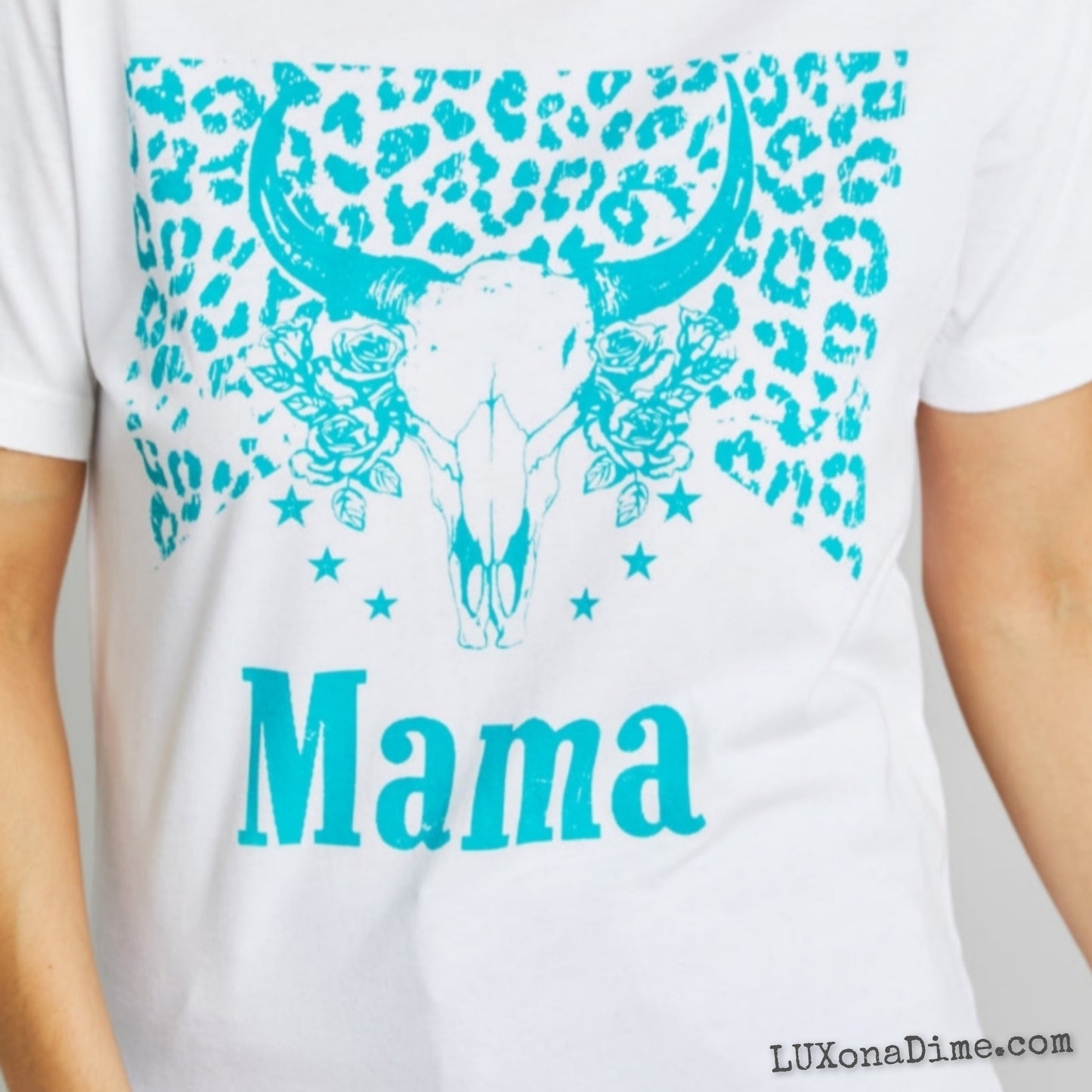 Western MAMA Graphic Teal Bull Horn 100% Cotton Tee Shirt (Plus Size Available)