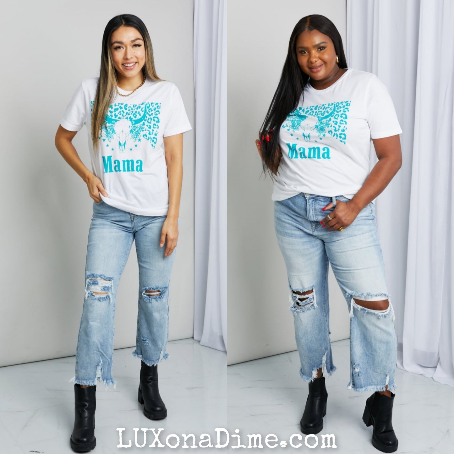 Western MAMA Graphic Teal Bull Horn 100% Cotton Tee Shirt (Plus Size Available)