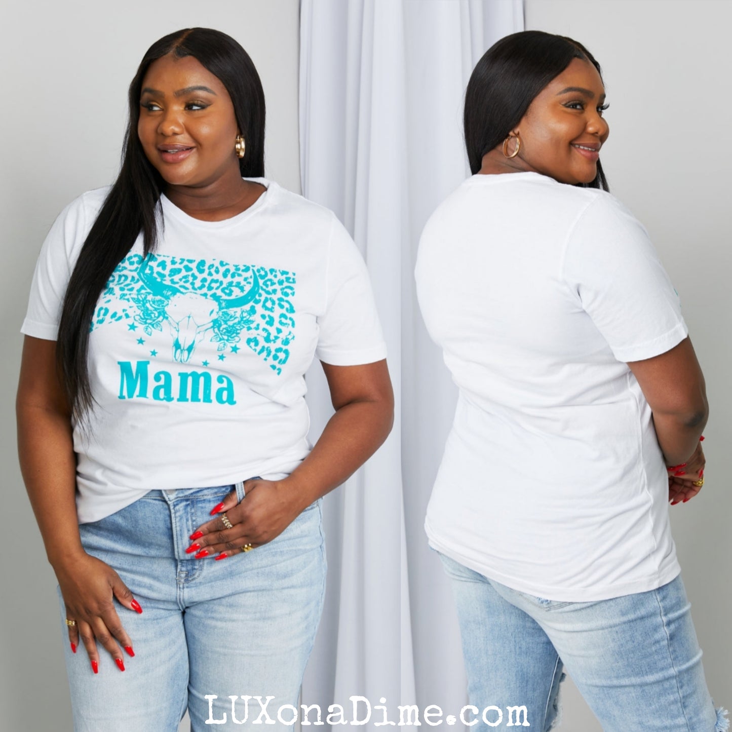 Western MAMA Graphic Teal Bull Horn 100% Cotton Tee Shirt (Plus Size Available)