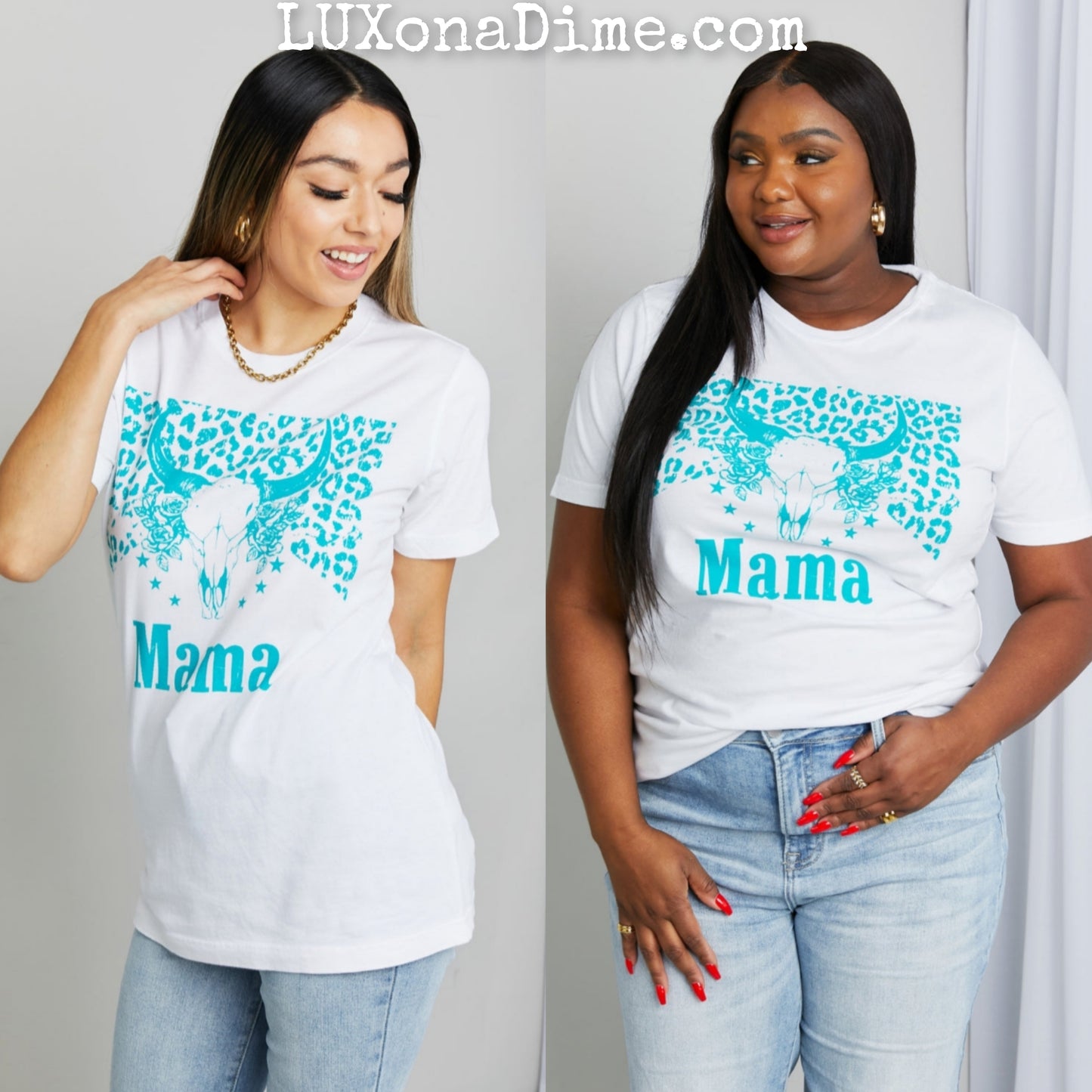Western MAMA Graphic Teal Bull Horn 100% Cotton Tee Shirt (Plus Size Available)