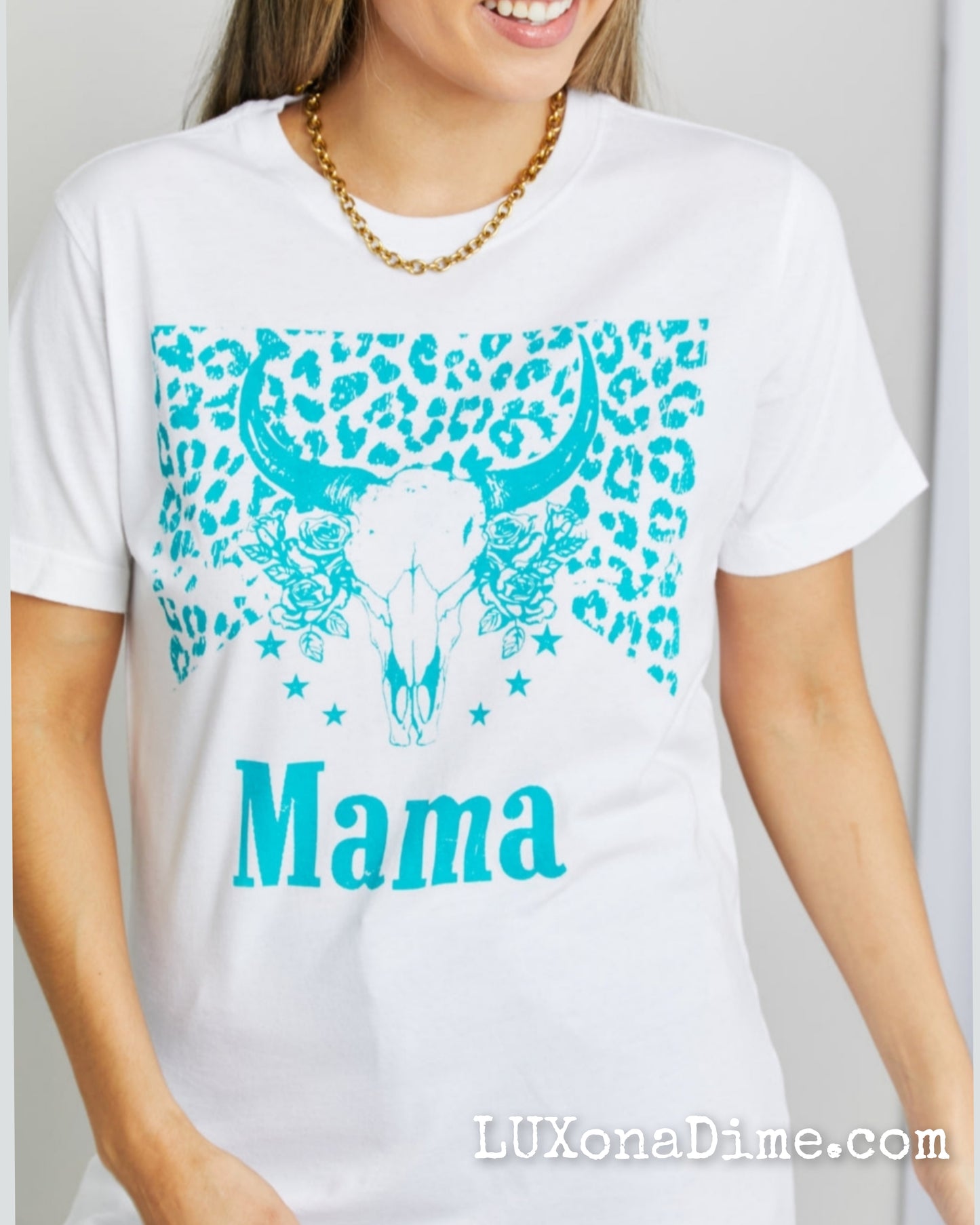 Western MAMA Graphic Teal Bull Horn 100% Cotton Tee Shirt (Plus Size Available)