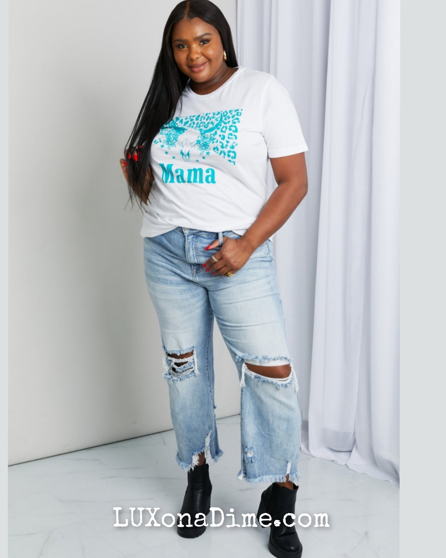 Western MAMA Graphic Teal Bull Horn 100% Cotton Tee Shirt (Plus Size Available)