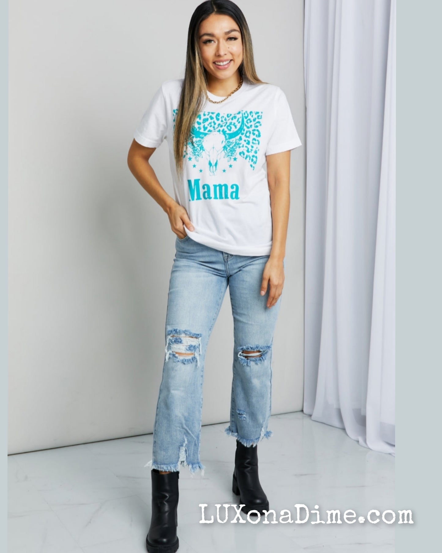 Western MAMA Graphic Teal Bull Horn 100% Cotton Tee Shirt (Plus Size Available)