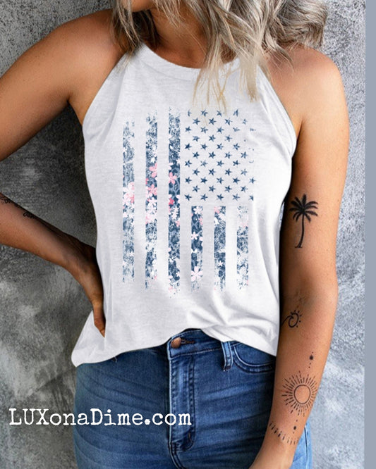 American Flag Floral Graphic Shirt Patriotic Sleeveless Grecian Tank Top