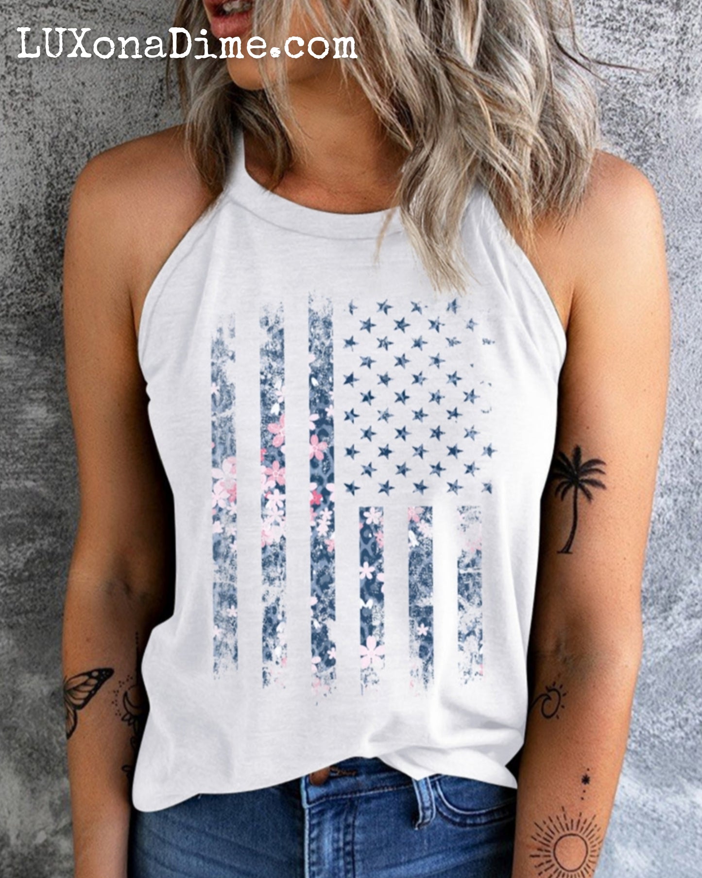 American Flag Floral Graphic Shirt Patriotic Sleeveless Grecian Tank Top