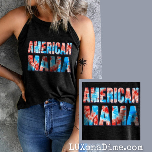 Tie-dye AMERICAN MAMA Shirt Sleeveless Patriotic Graphic Tank Top