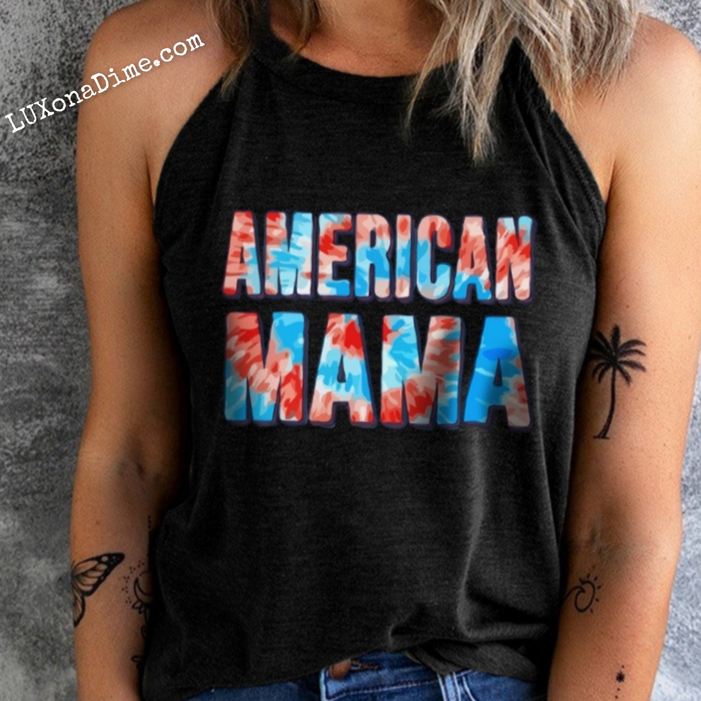 Tie-dye AMERICAN MAMA Shirt Sleeveless Patriotic Graphic Tank Top