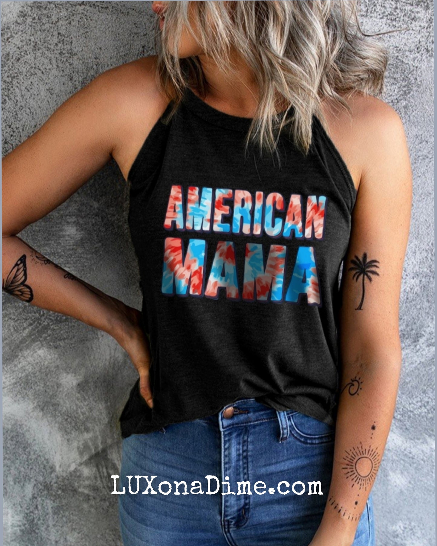 Tie-dye AMERICAN MAMA Shirt Sleeveless Patriotic Graphic Tank Top