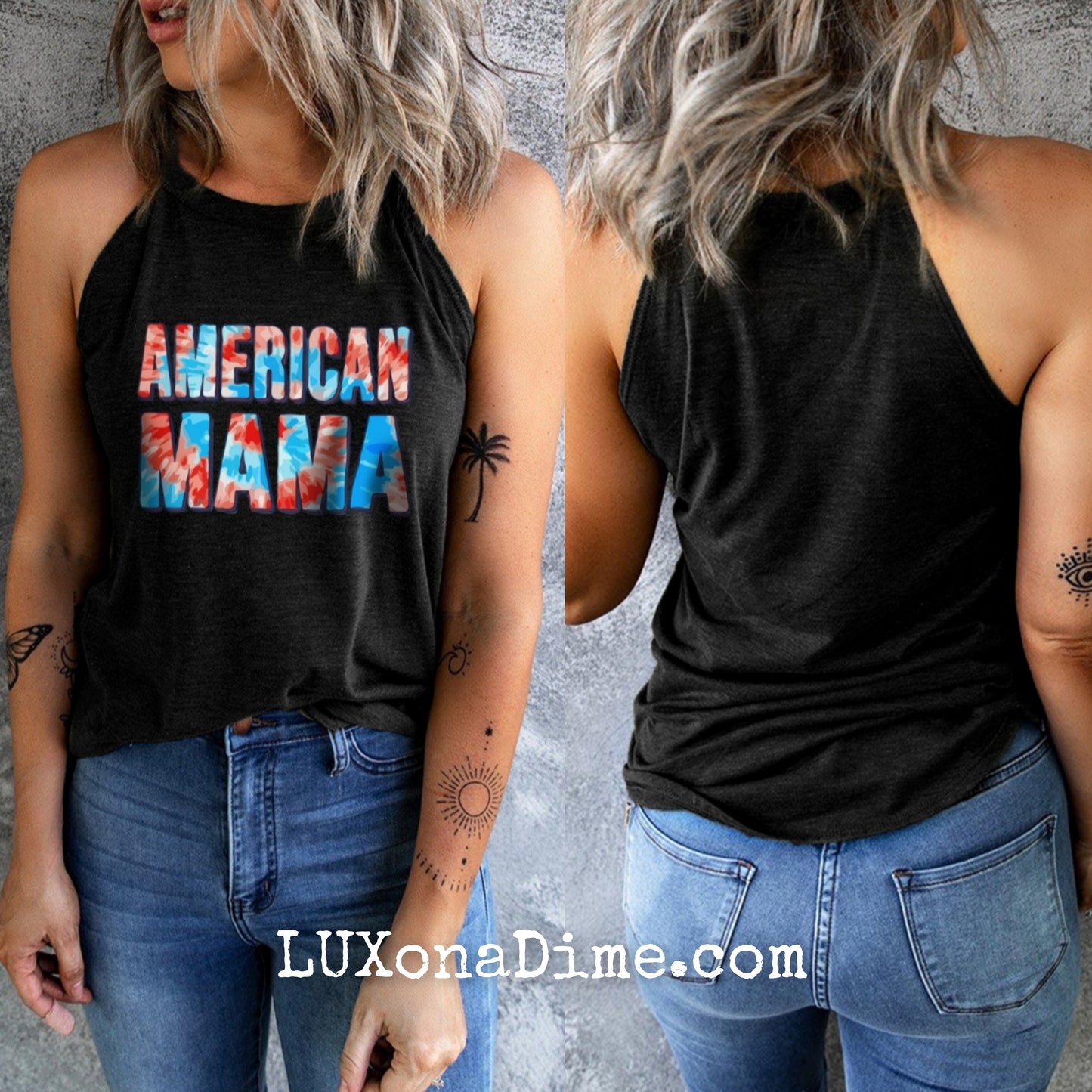 Tie-dye AMERICAN MAMA Shirt Sleeveless Patriotic Graphic Tank Top