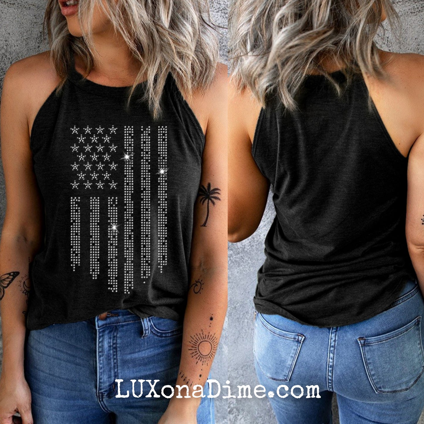 SPARKING Bling American Flag Shirt Patriotic Graphic Grecian Tank Top
(Plus Size Available)