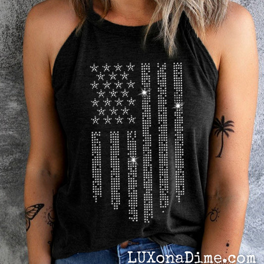 SPARKING Bling American Flag Shirt Patriotic Graphic Grecian Tank Top
(Plus Size Available)