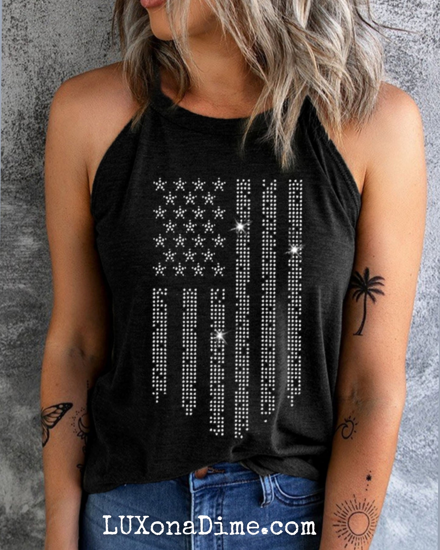 SPARKING Bling American Flag Shirt Patriotic Graphic Grecian Tank Top
(Plus Size Available)