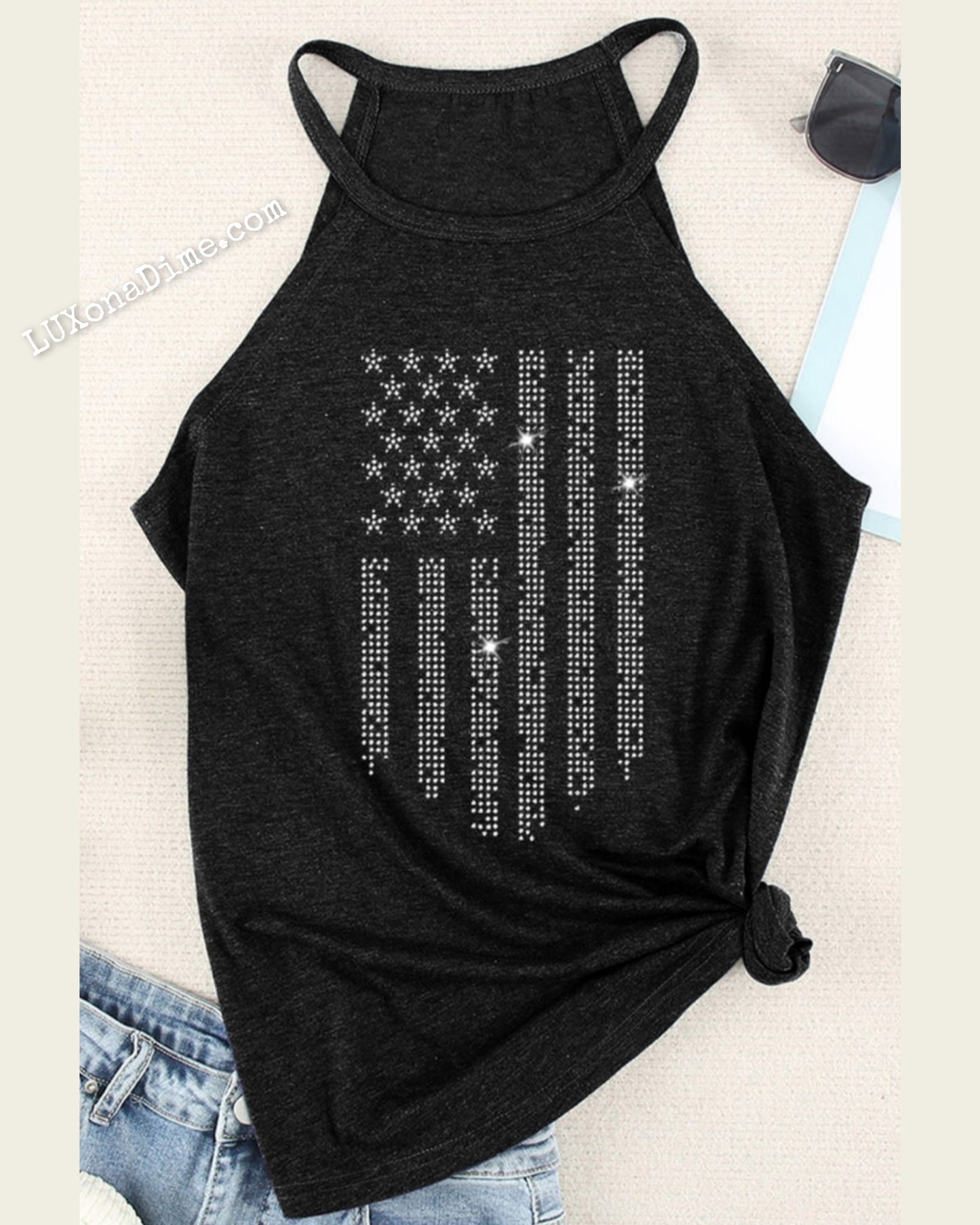 SPARKING Bling American Flag Shirt Patriotic Graphic Grecian Tank Top
(Plus Size Available)