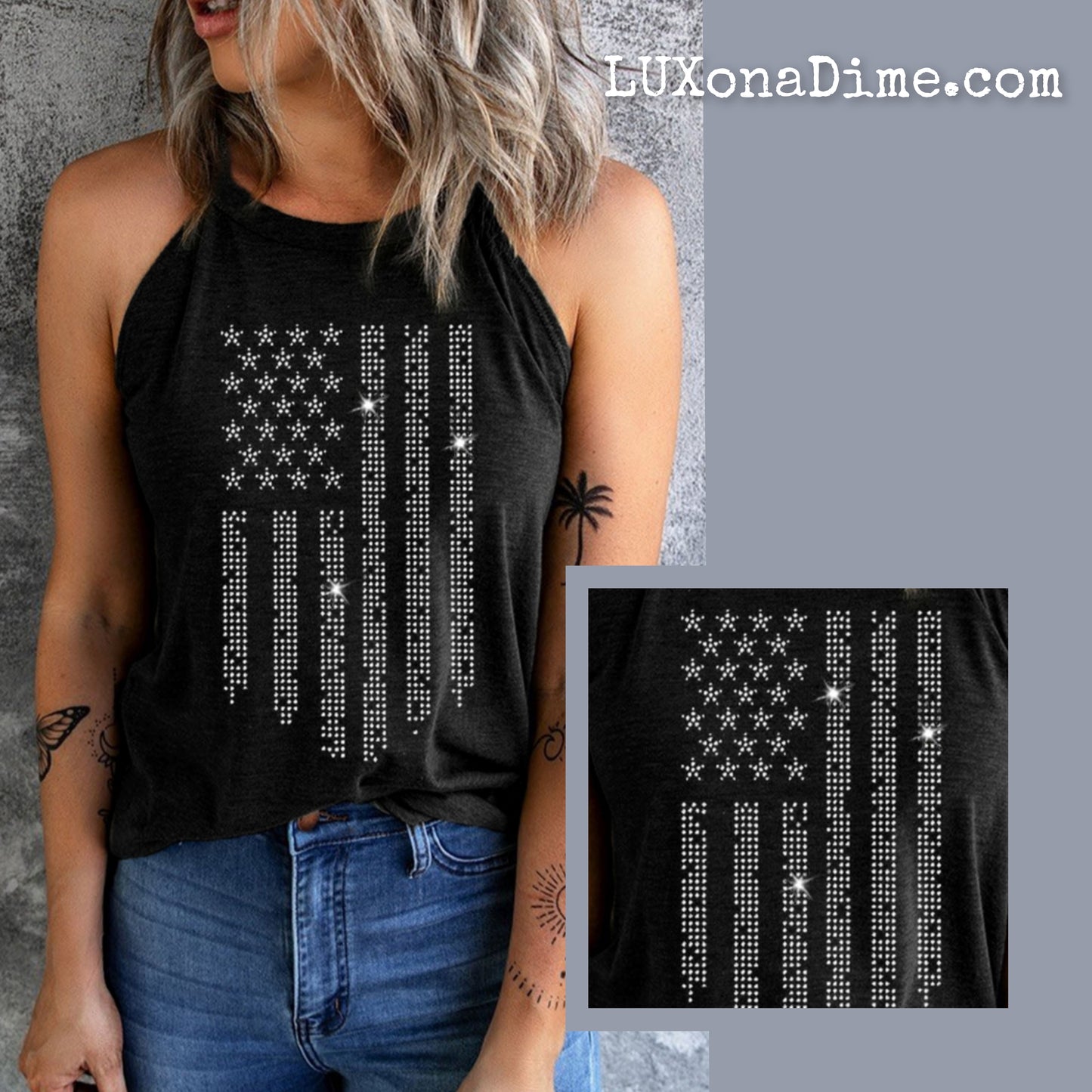 SPARKING Bling American Flag Shirt Patriotic Graphic Grecian Tank Top
(Plus Size Available)