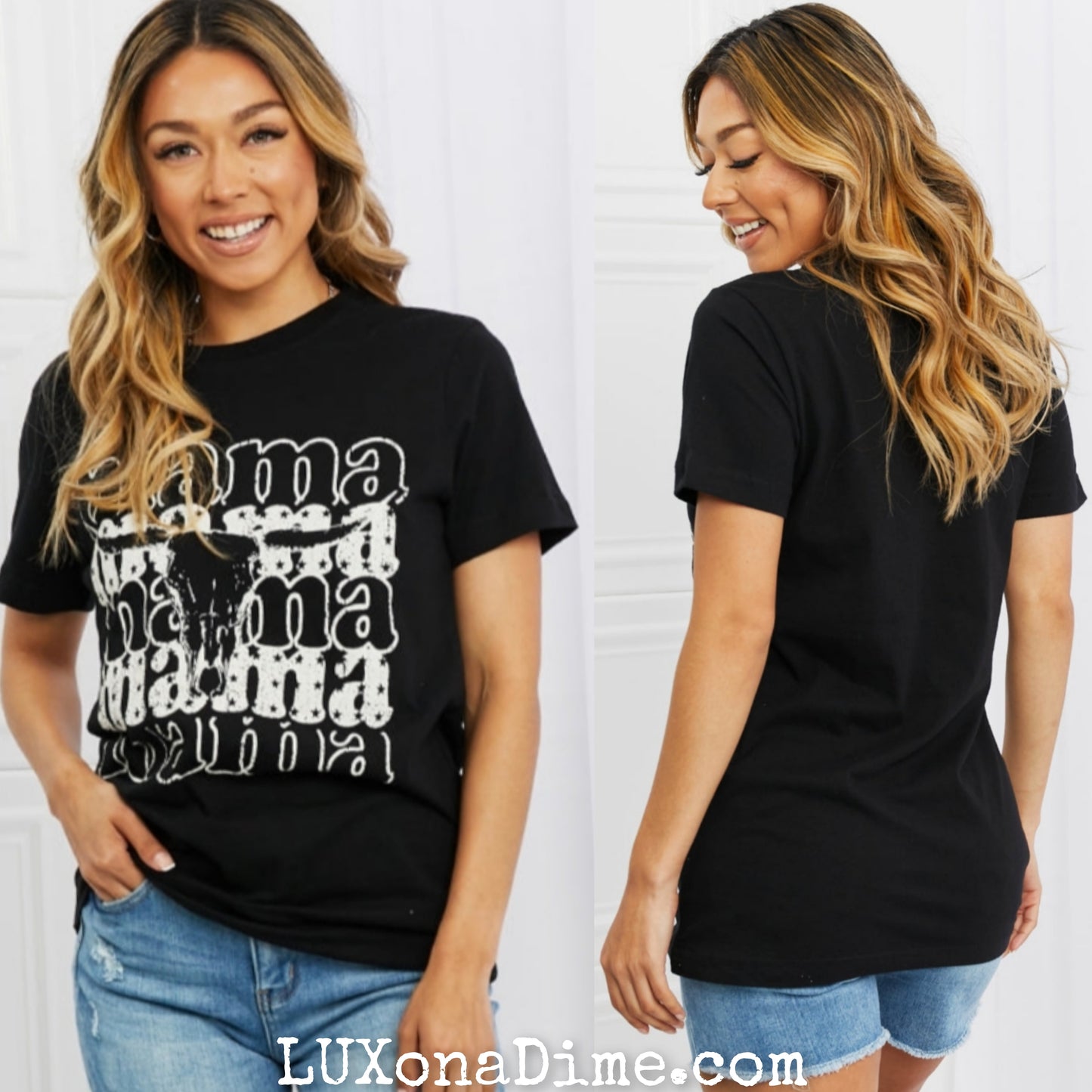 Country Western MAMA Bull Skull Graphic Tee Shirt (Plus Size Available)