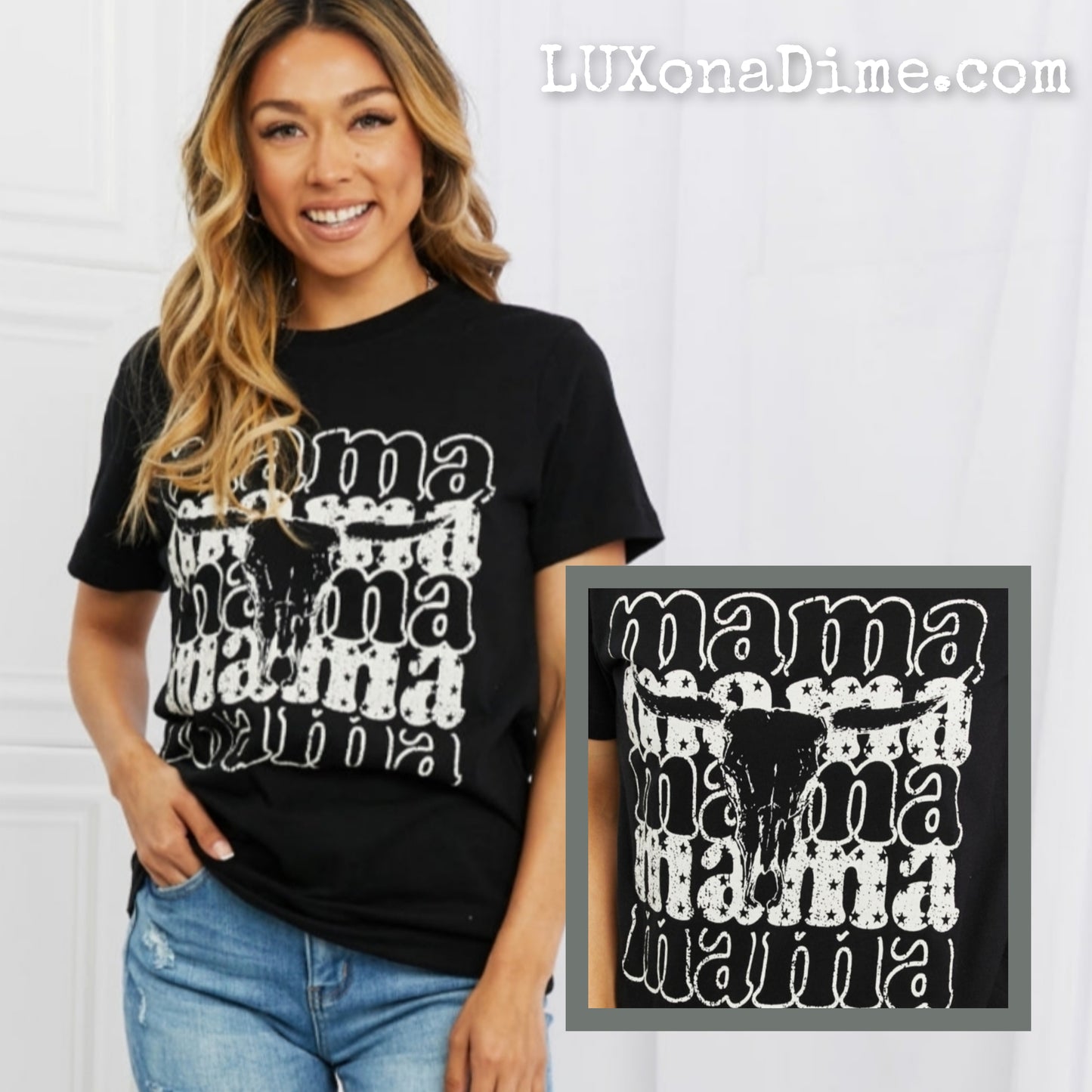 Country Western MAMA Bull Skull Graphic Tee Shirt (Plus Size Available)