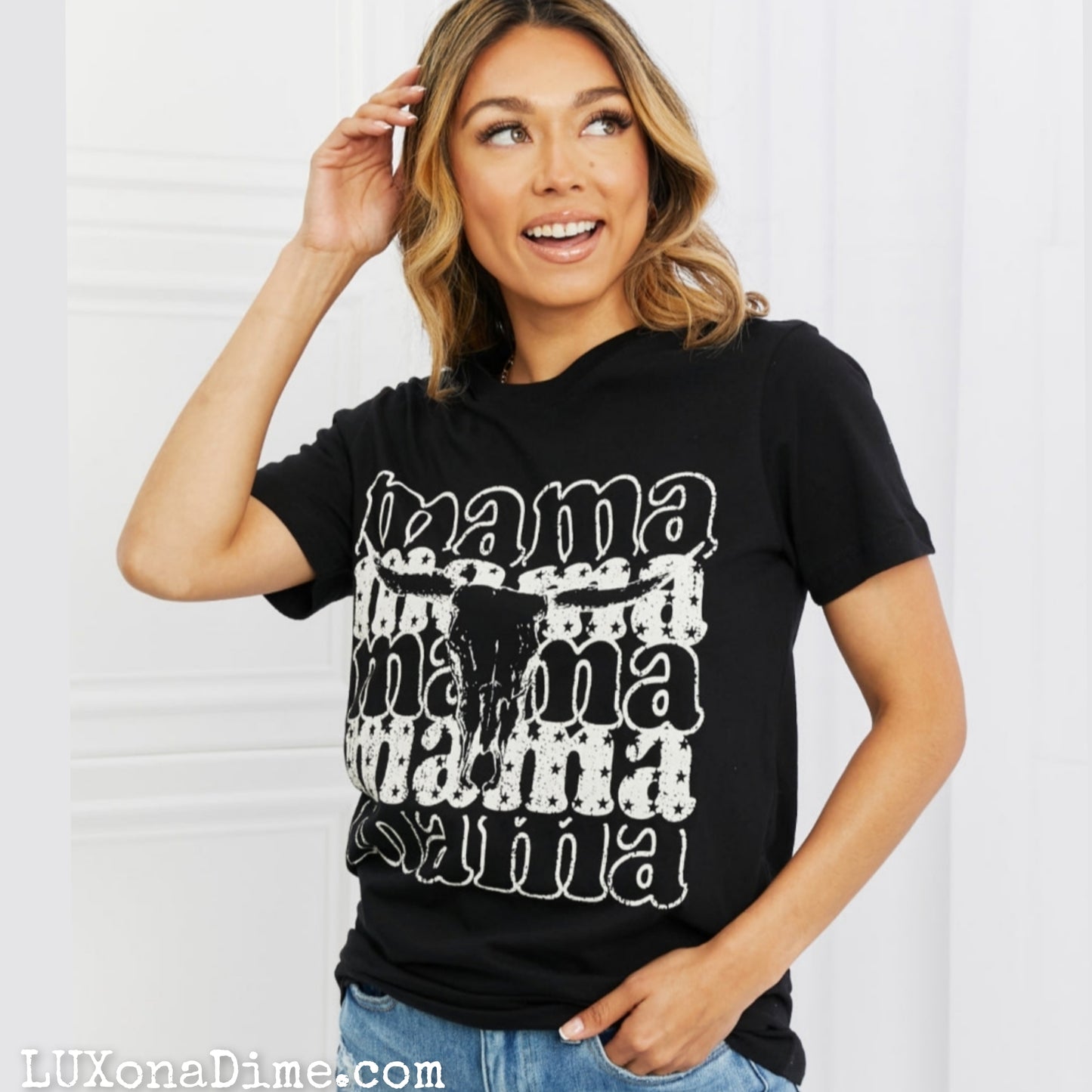 Country Western MAMA Bull Skull Graphic Tee Shirt (Plus Size Available)