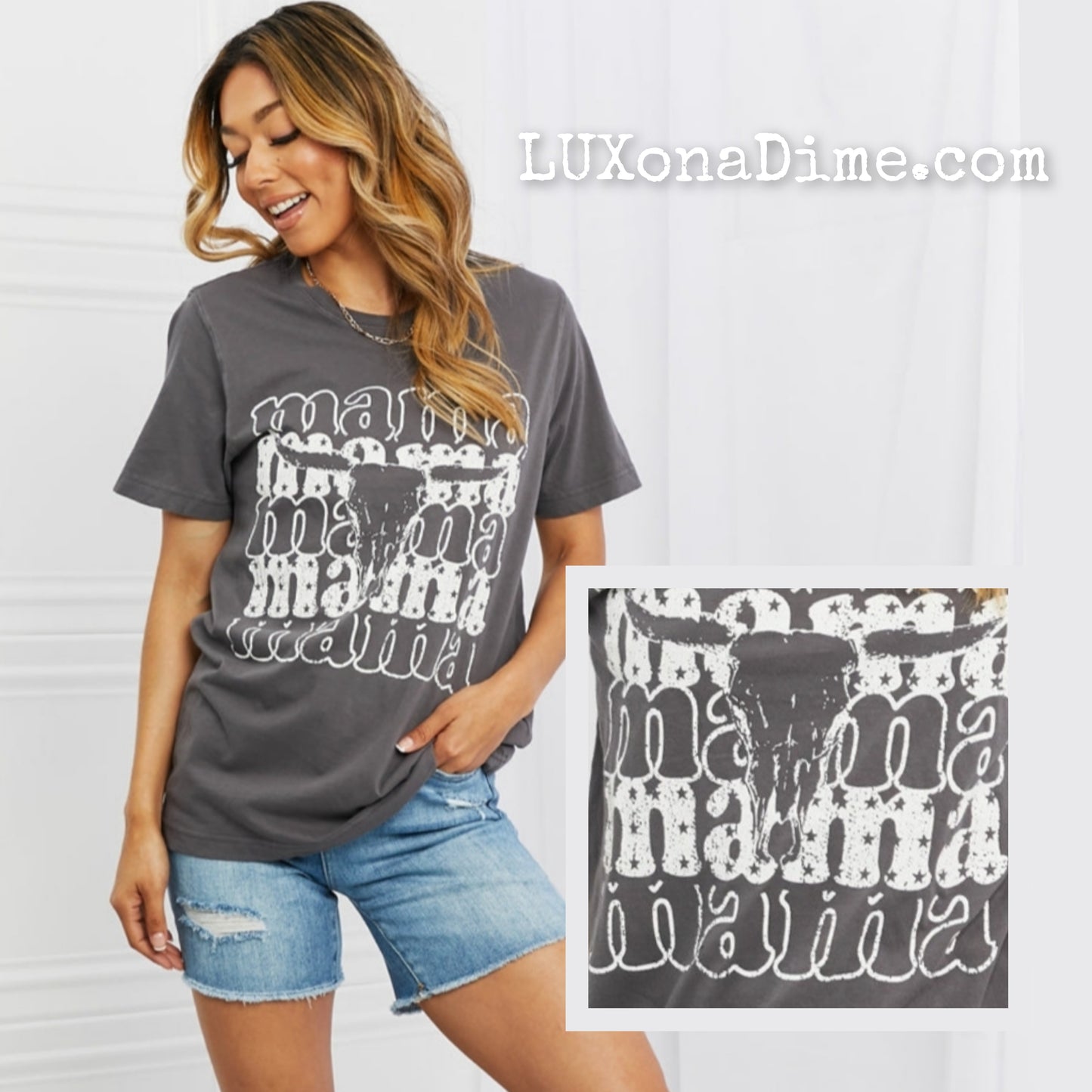 Country Western MAMA Bull Skull Graphic Tee Shirt
(Plus Size Available)