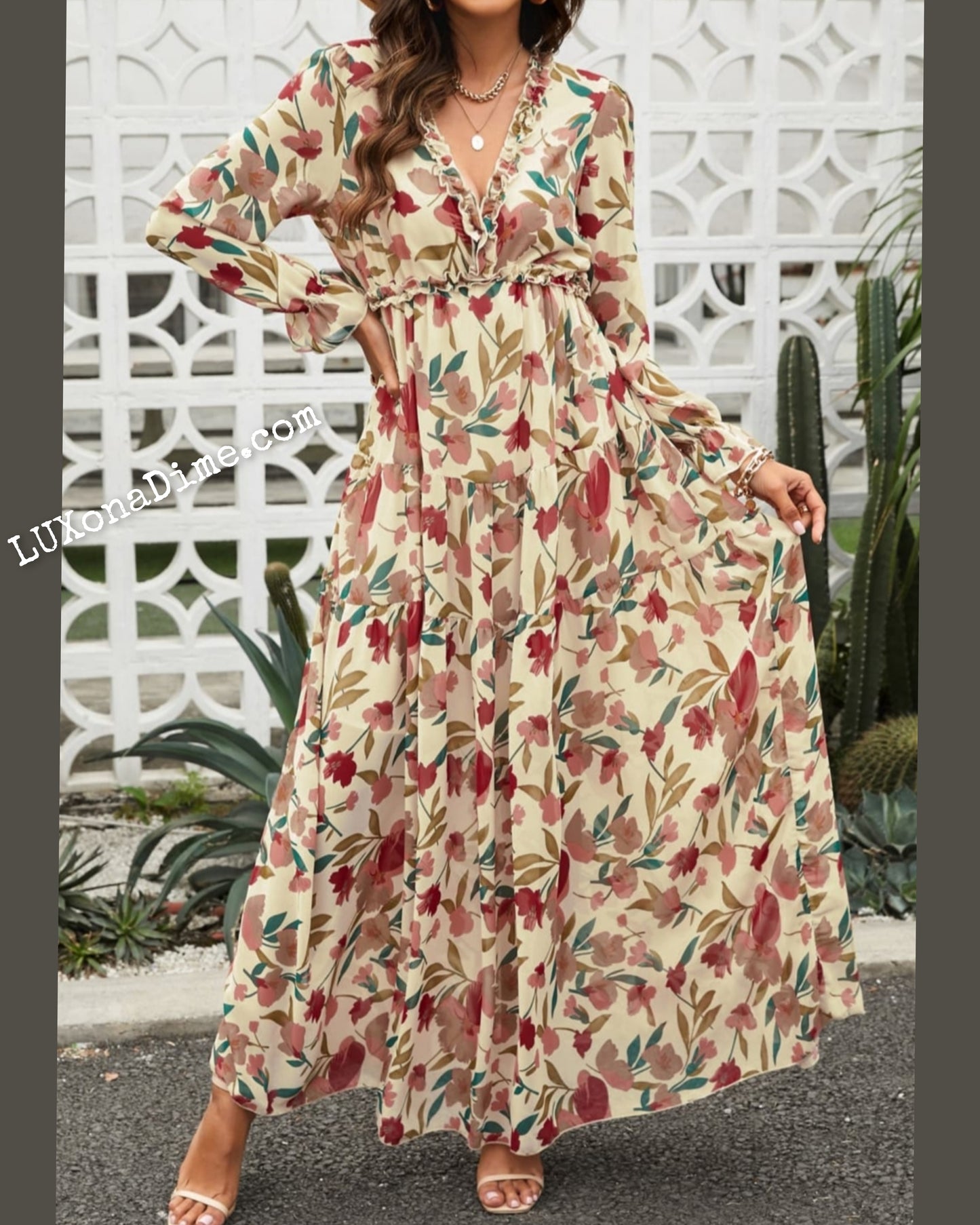 Retro Floral Long Sleeve Ruffle Tiered Flowing V-neck Maxi Dress