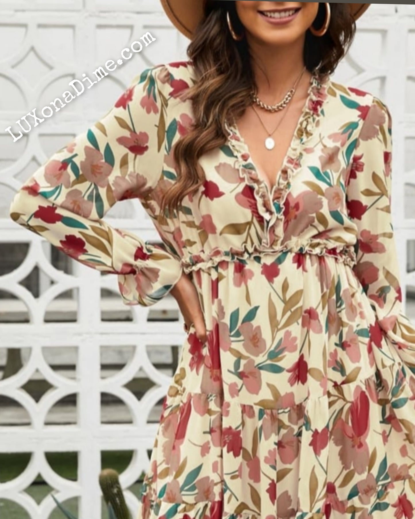 Retro Floral Long Sleeve Ruffle Tiered Flowing V-neck Maxi Dress