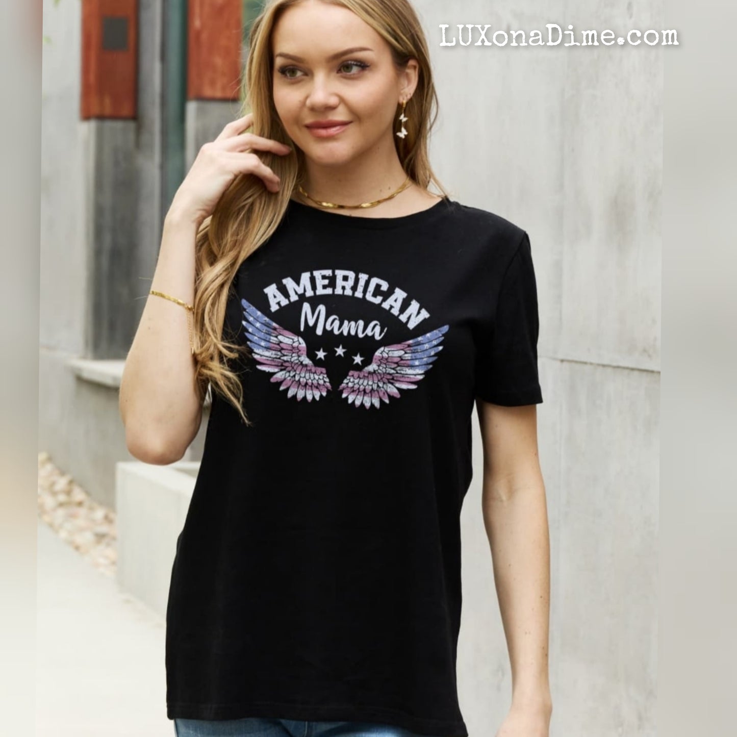 USA "AMERICAN MAMA" Patriotic Flag Wings 100% Cotton Short-sleeve Tee Shirt
