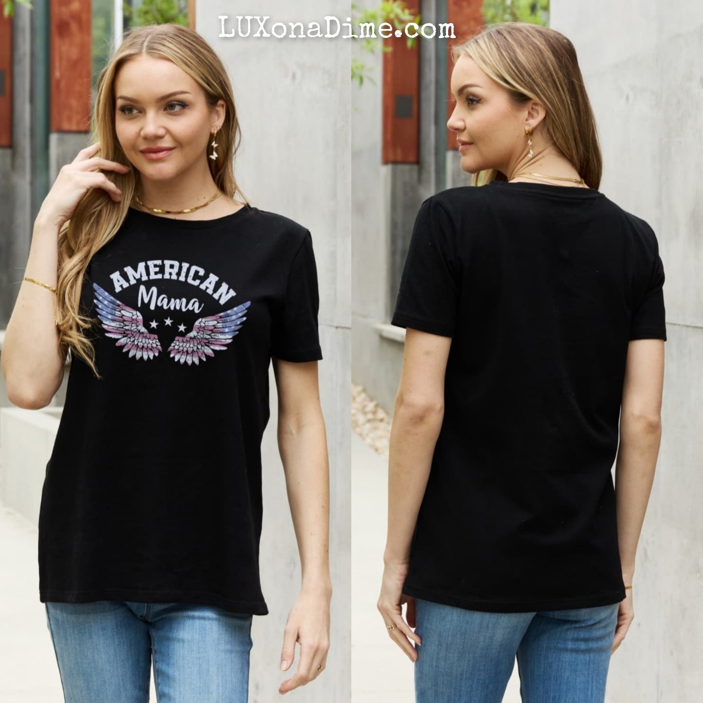 USA "AMERICAN MAMA" Patriotic Flag Wings 100% Cotton Short-sleeve Tee Shirt