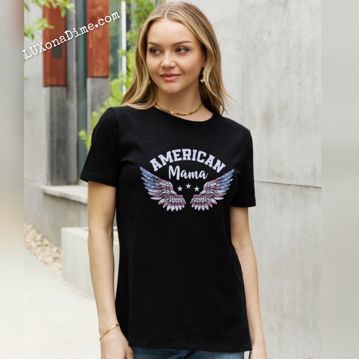 USA "AMERICAN MAMA" Patriotic Flag Wings 100% Cotton Short-sleeve Tee Shirt
