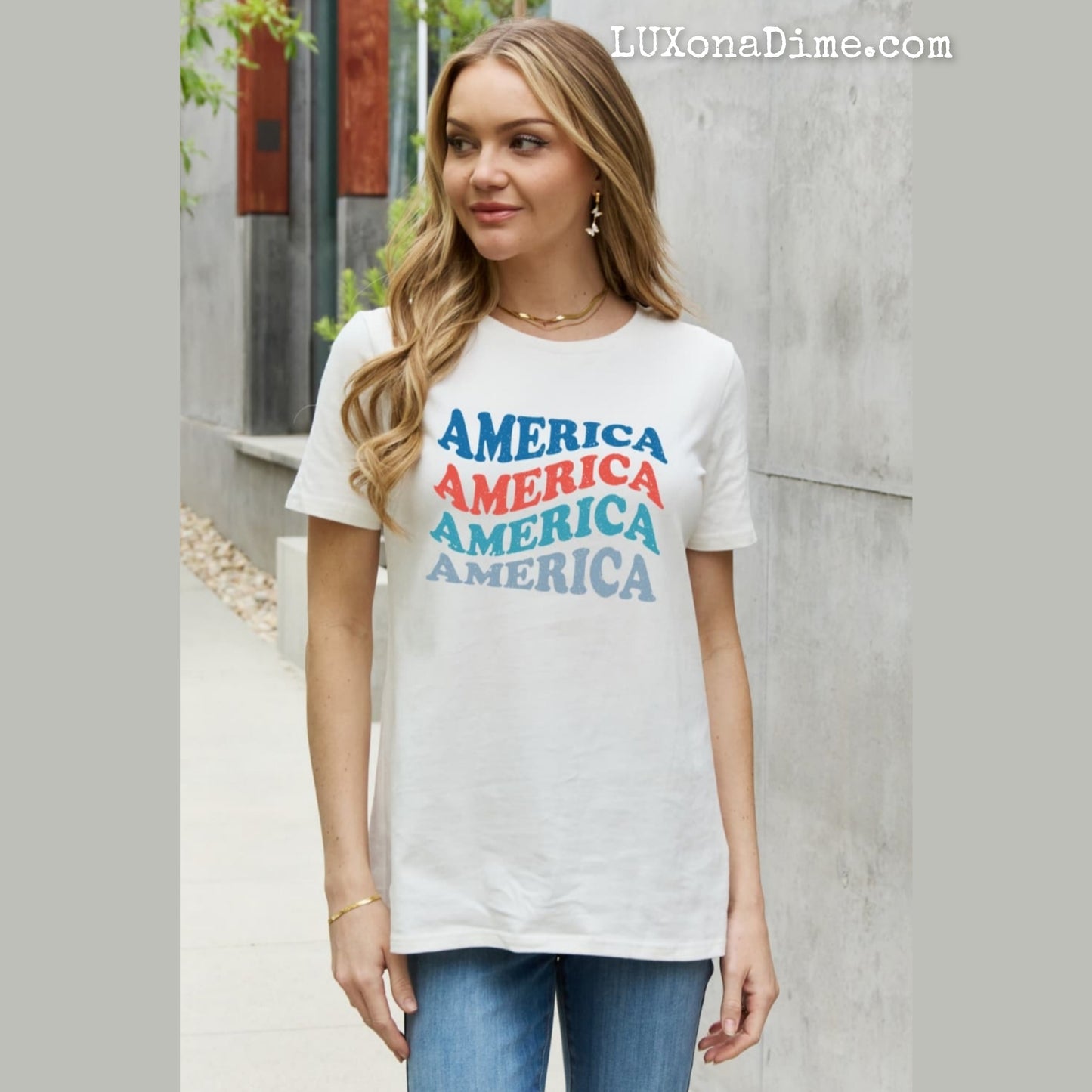 AMERICA Wave Graphic 100% Cotton Short-sleeve Patriotic USA Tee Shirt