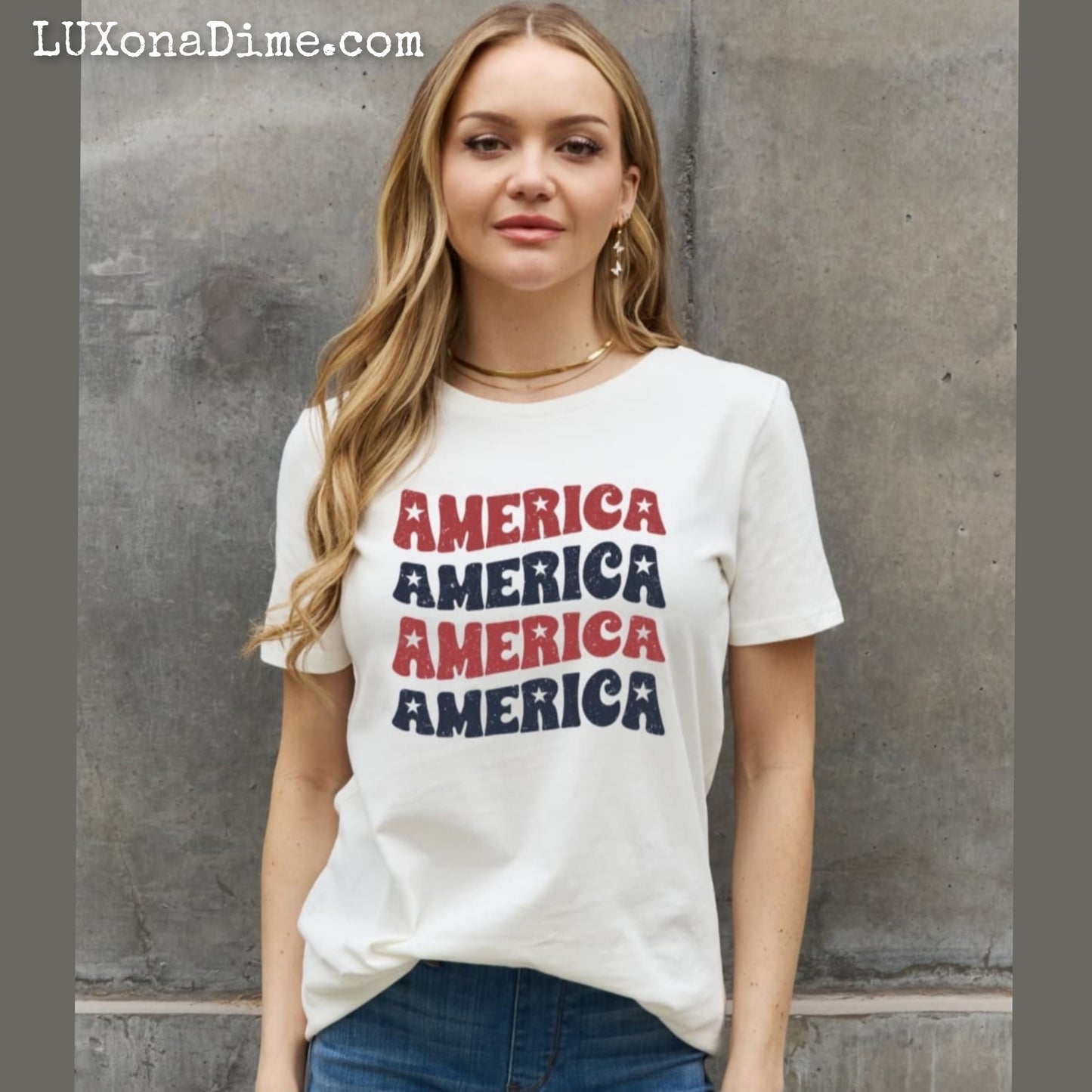 AMERICA Wave Graphic 100% Cotton Short-sleeve Patriotic USA Tee Shirt