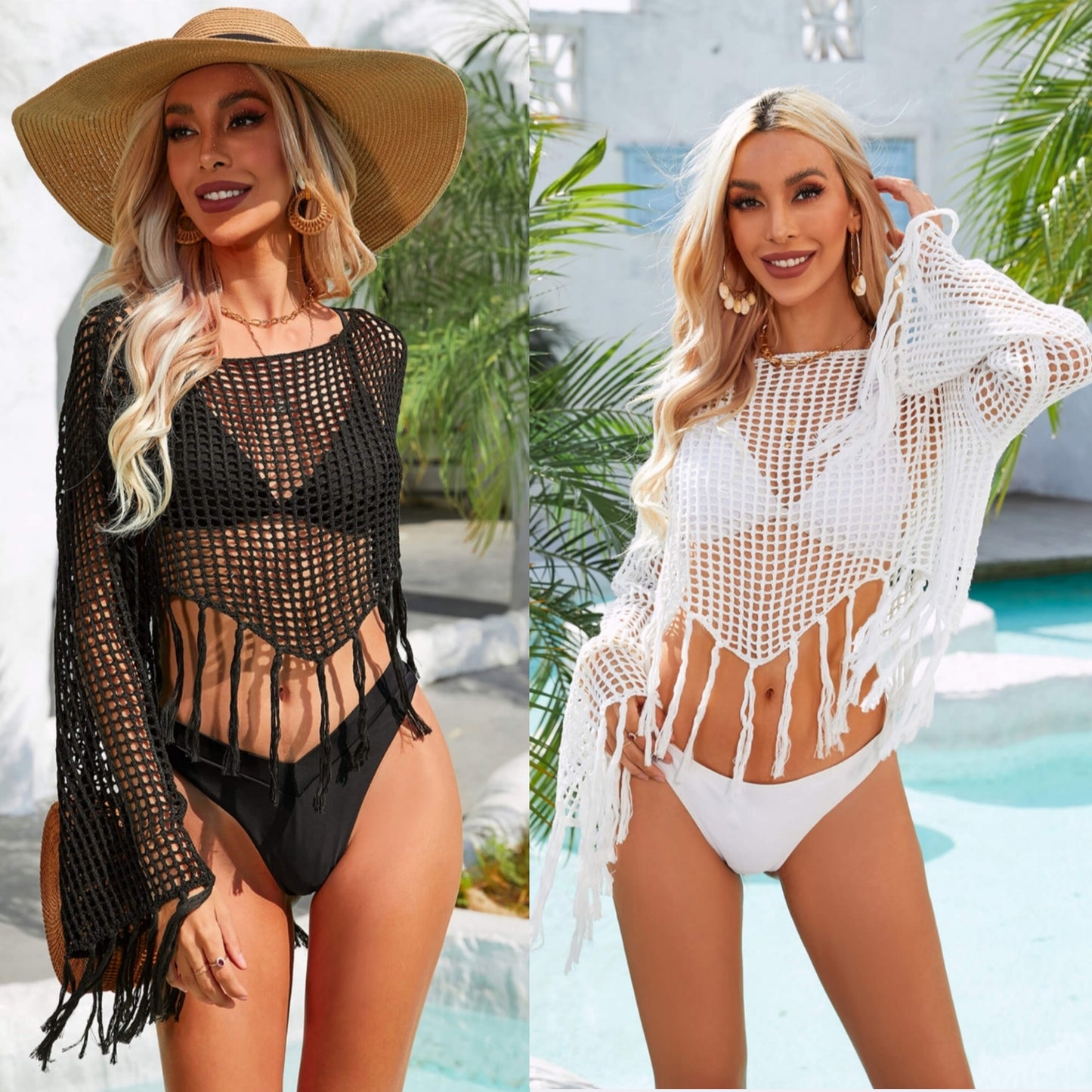 Oversized Fishnet Boho Fringe Tassel Trim Long Sleeve Crop Top Cover Up Hippie Shirt