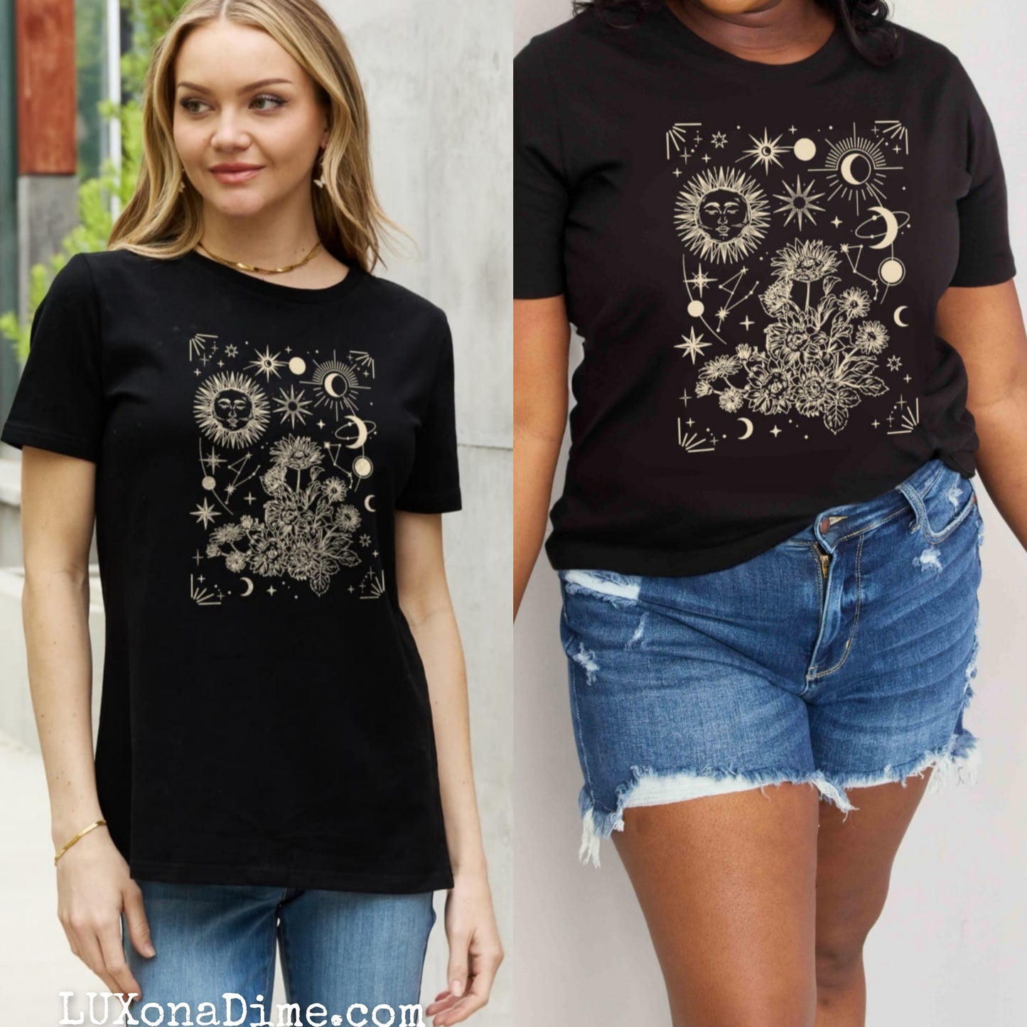 Celestial Moon Sun Stars Graphic Short Sleeve 100% Cotton Tee Shirt (Plus Size Available)