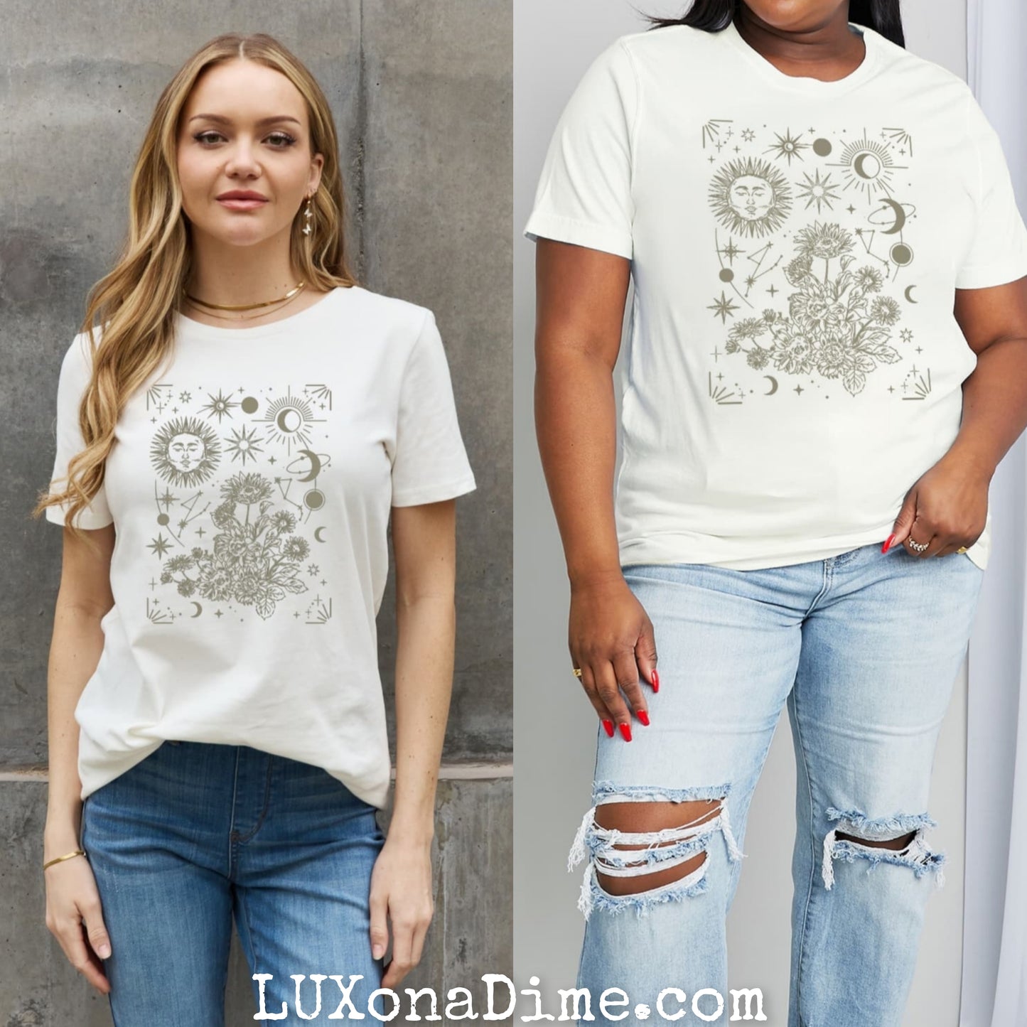 Celestial Moon Sun Stars Graphic Short Sleeve 100% Cotton Tee Shirt (Plus Size Available)