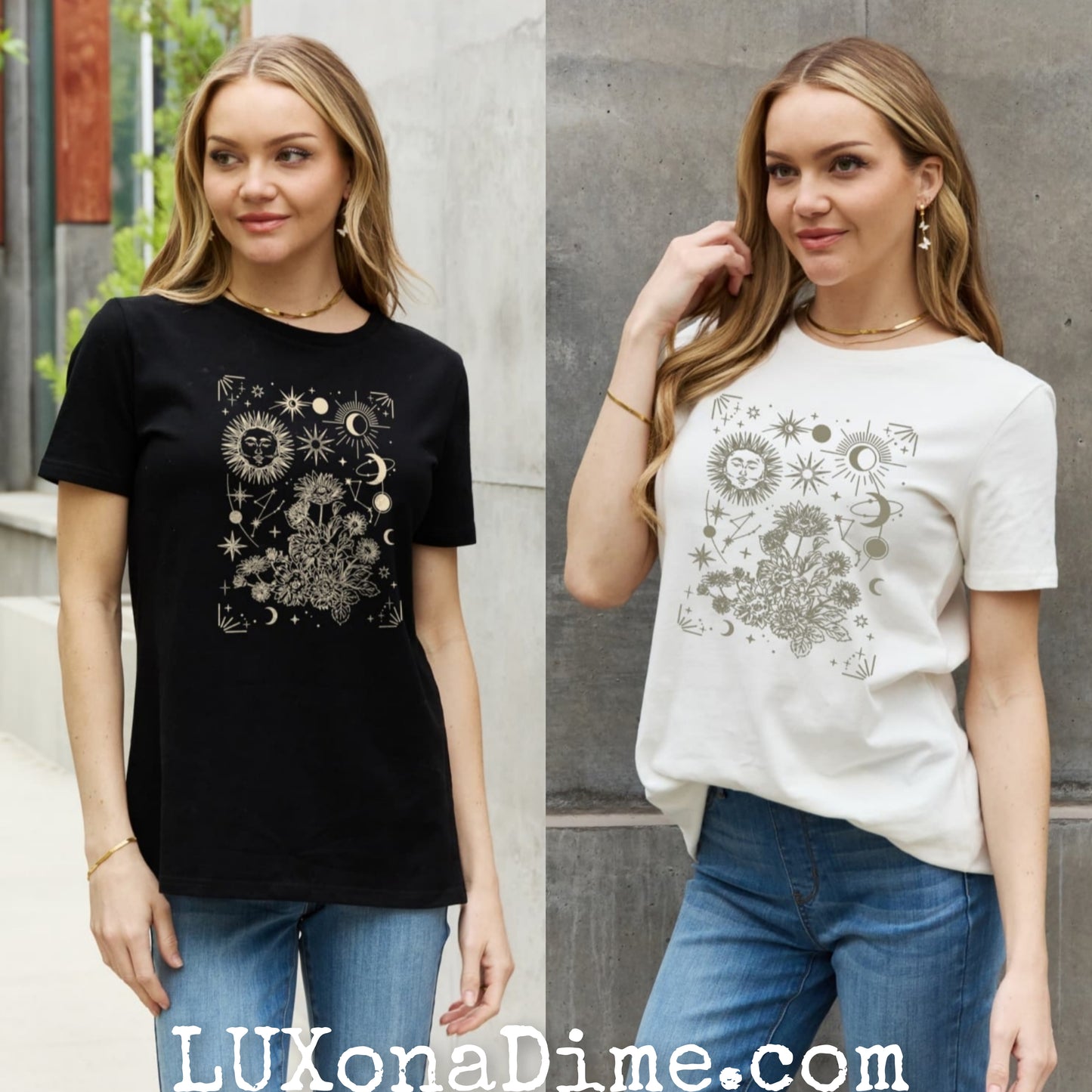 Celestial Moon Sun Stars Graphic Short Sleeve 100% Cotton Tee Shirt (Plus Size Available)