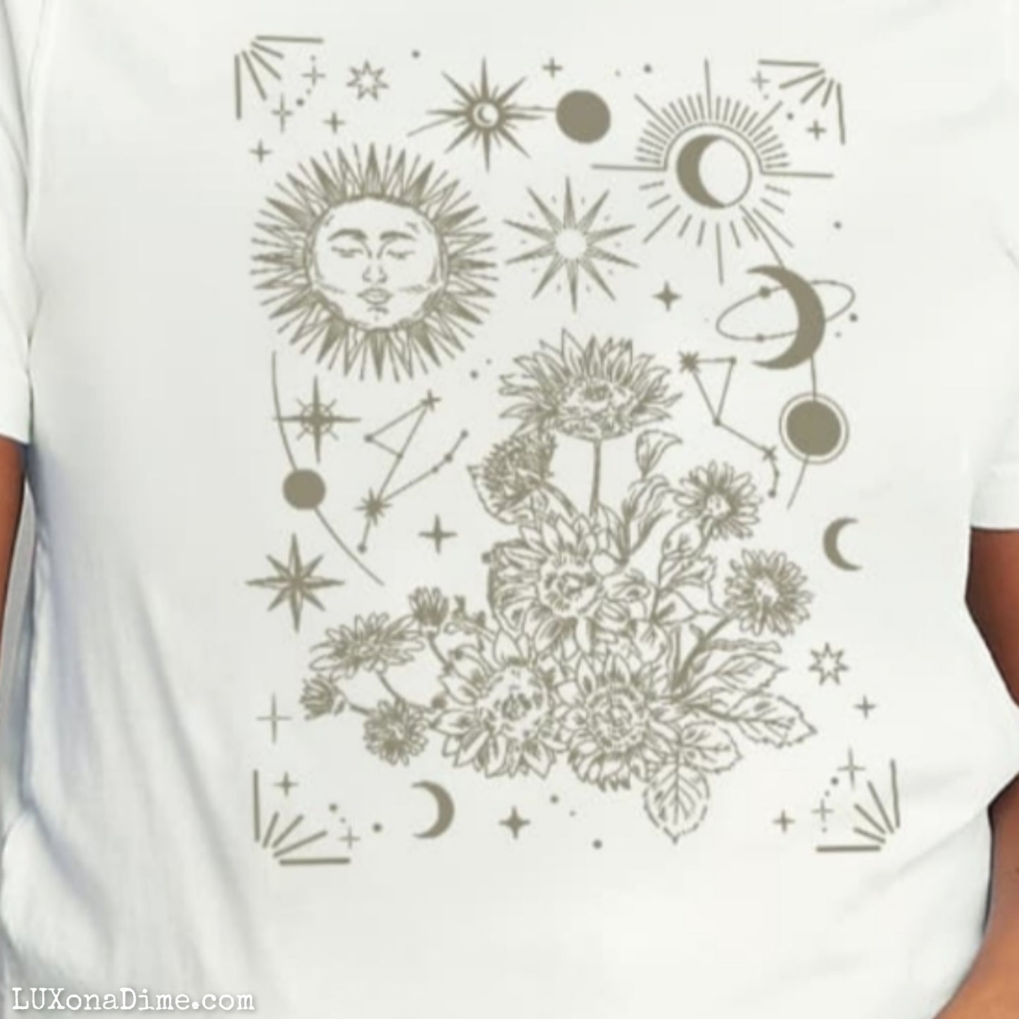 Celestial Moon Sun Stars Graphic Short Sleeve 100% Cotton Tee Shirt (Plus Size Available)