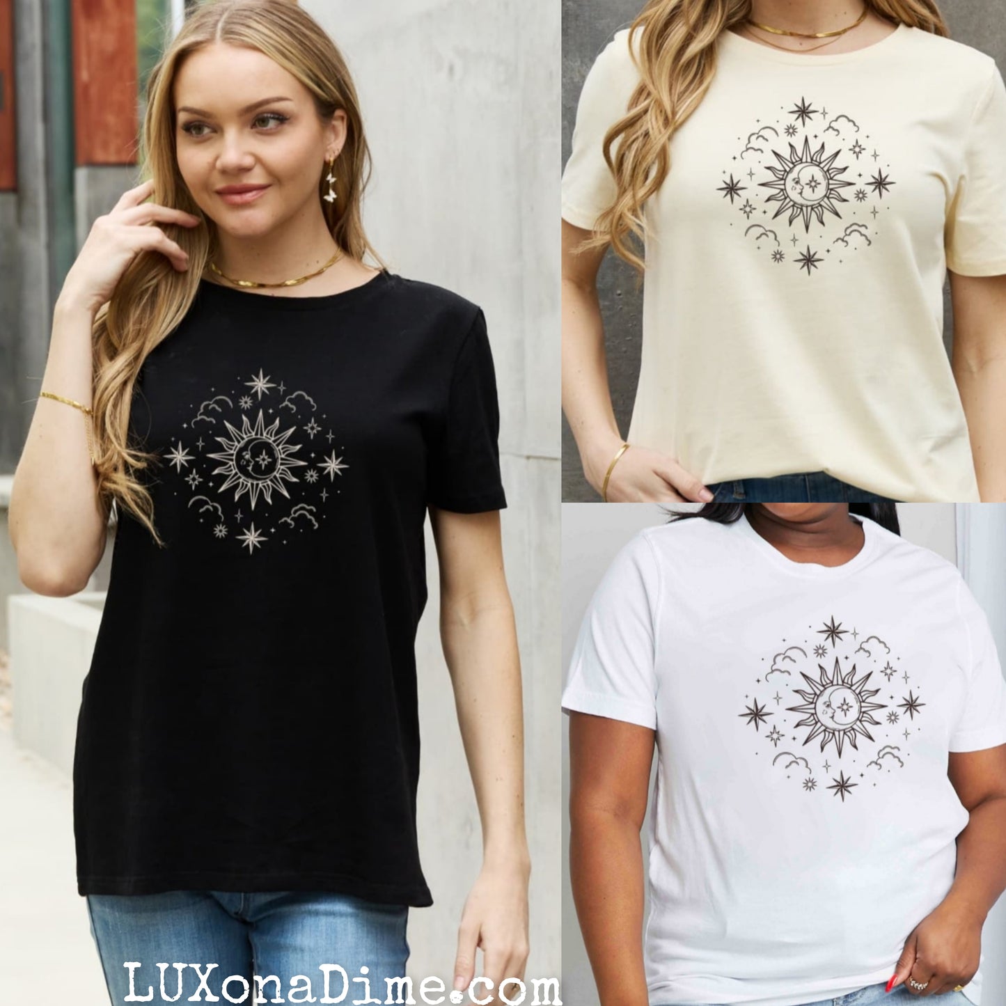 SUN MOON CLOUDS Celestial Graphic Short Sleeve 100% Cotton Tee Shirt (Plus Size Available)