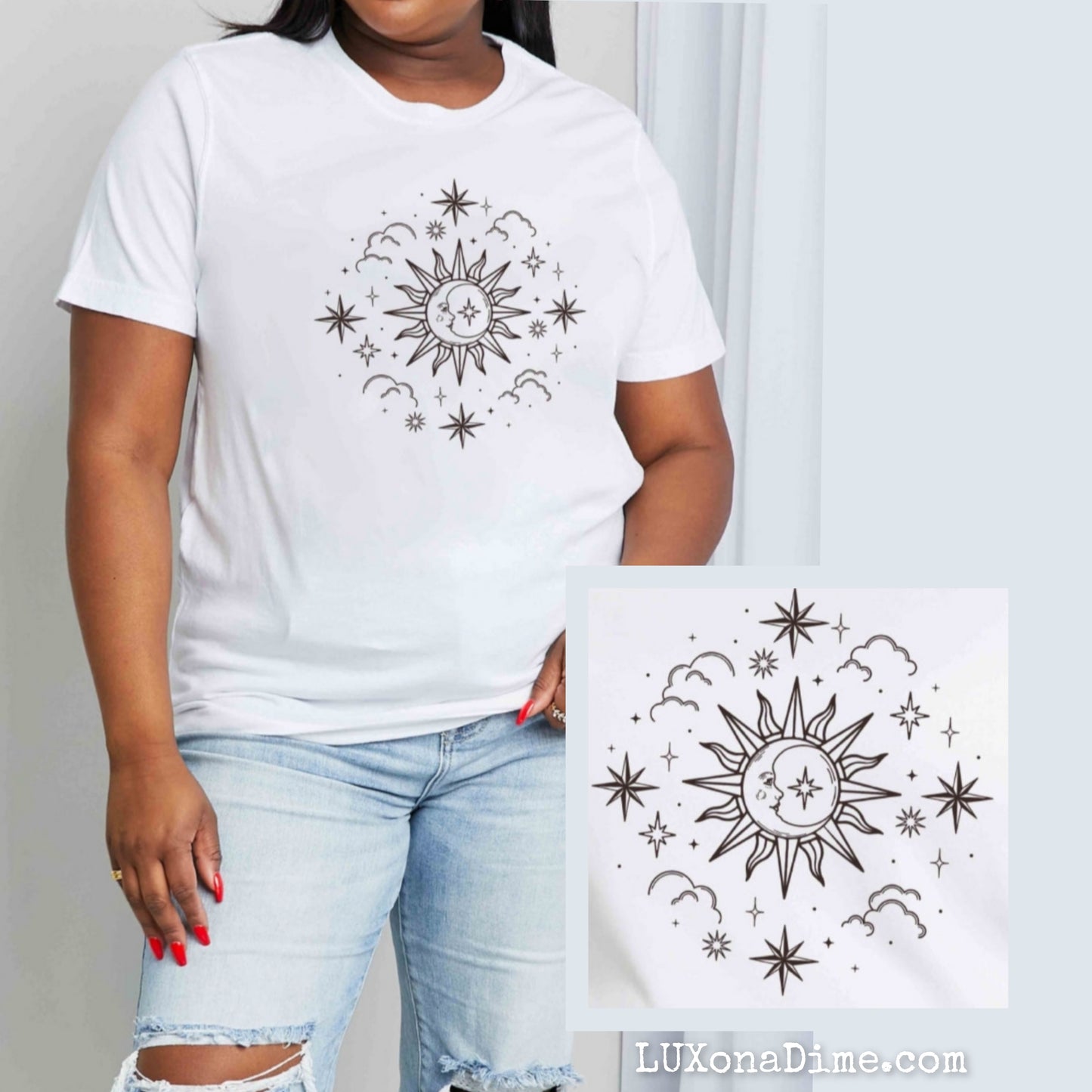 SUN MOON CLOUDS Celestial Graphic Short Sleeve 100% Cotton Tee Shirt (Plus Size Available)