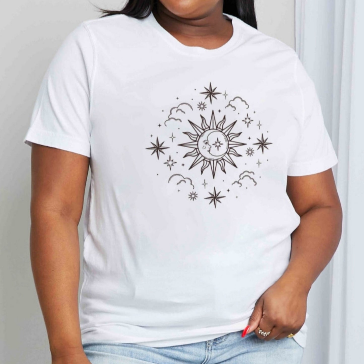 SUN MOON CLOUDS Celestial Graphic Short Sleeve 100% Cotton Tee Shirt (Plus Size Available)
