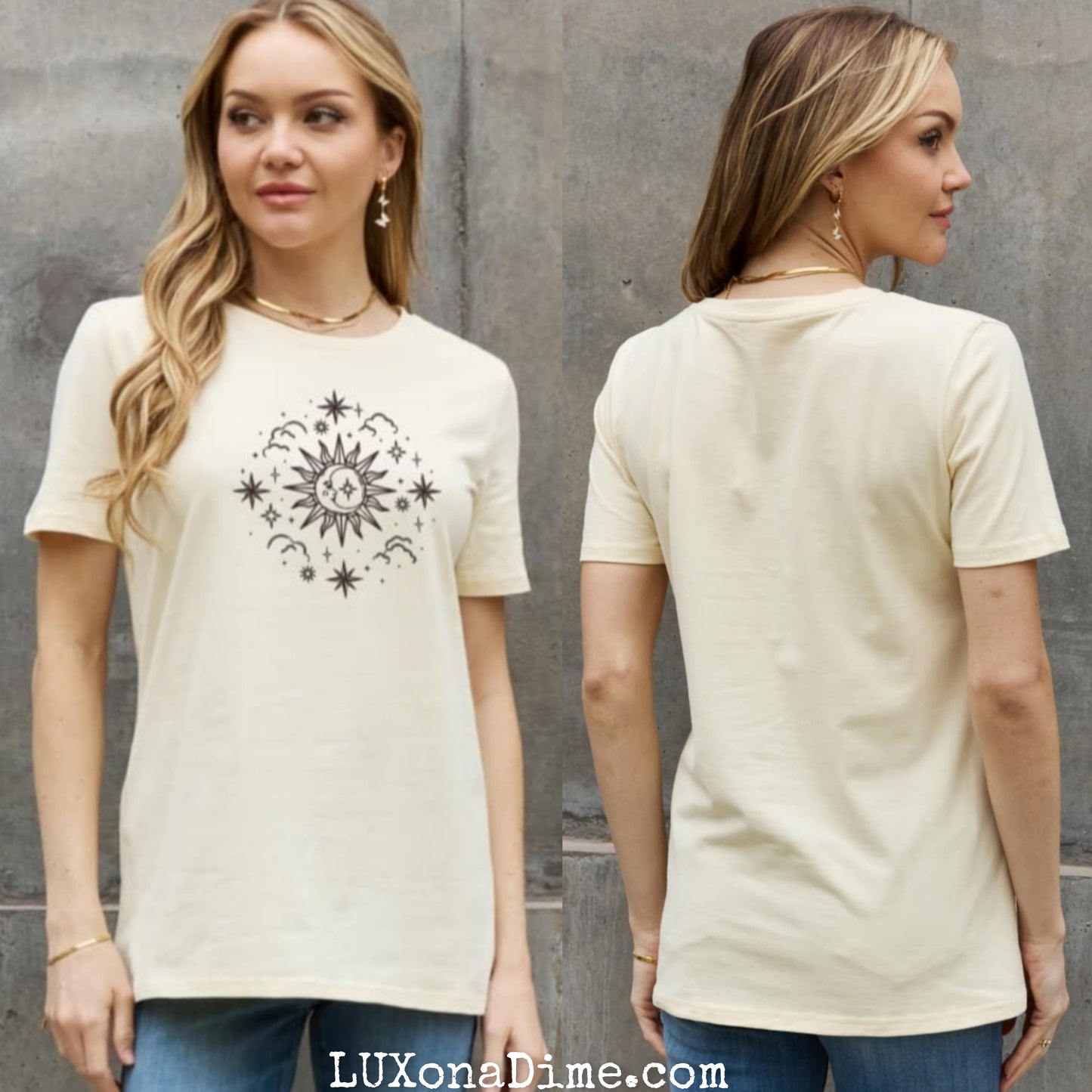 SUN MOON CLOUDS Celestial Graphic Short Sleeve 100% Cotton Tee Shirt (Plus Size Available)