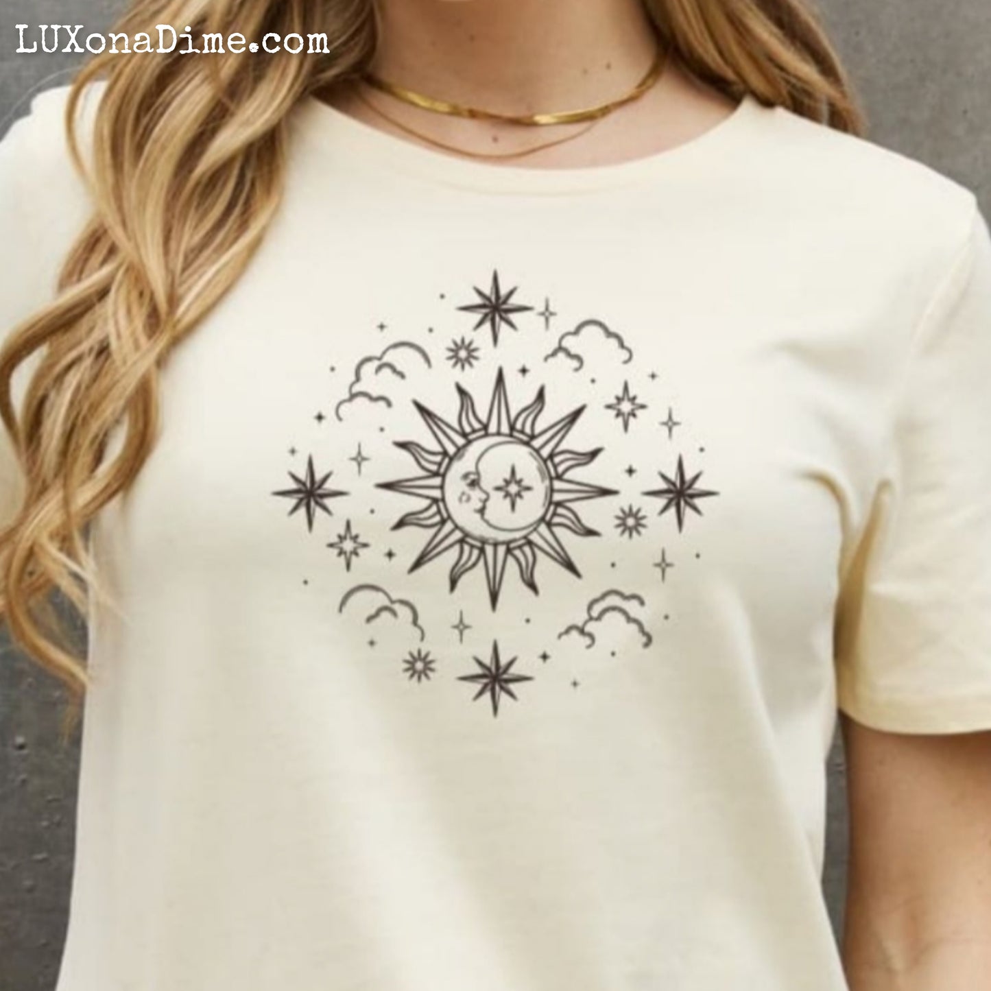 SUN MOON CLOUDS Celestial Graphic Short Sleeve 100% Cotton Tee Shirt (Plus Size Available)